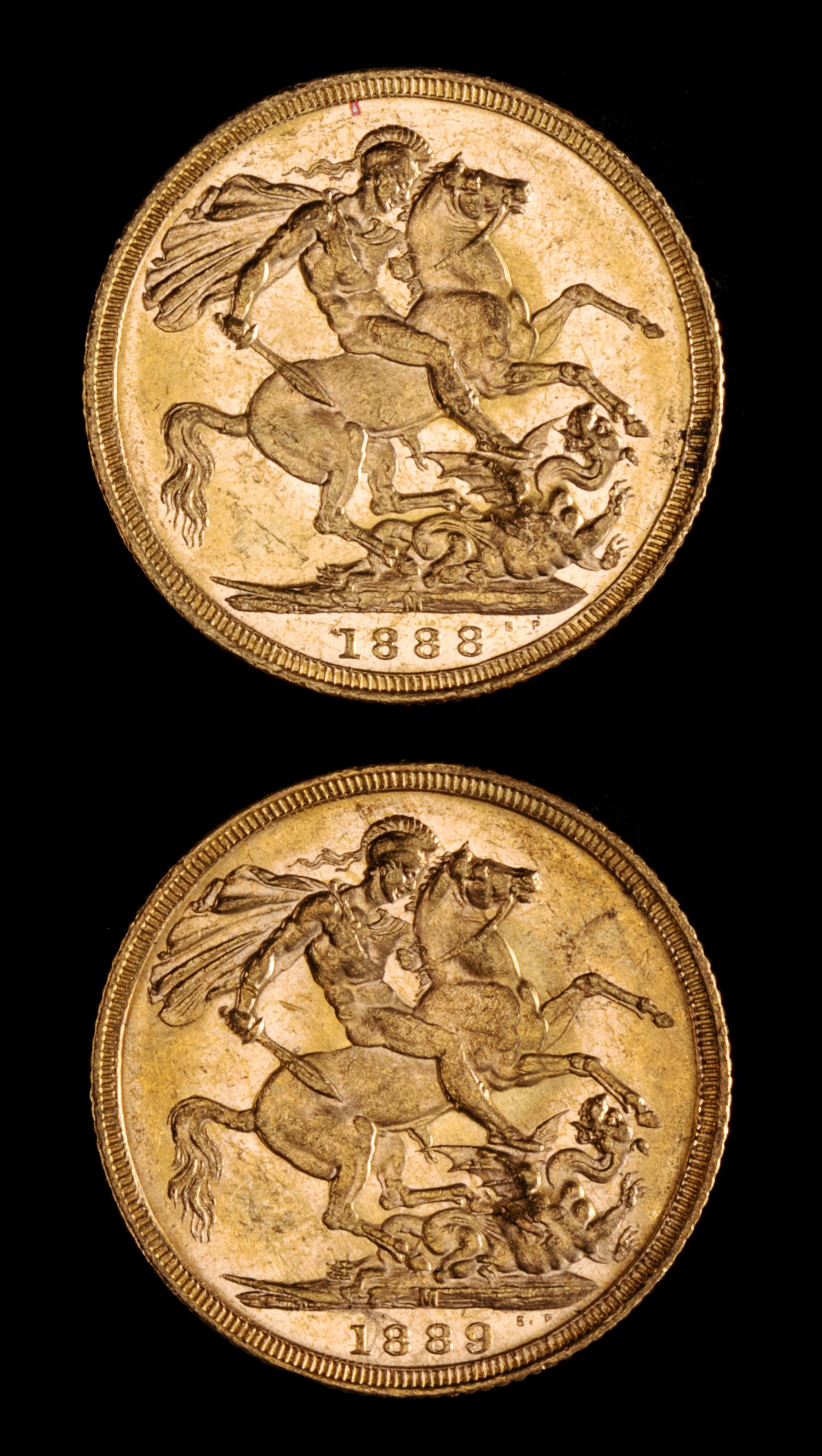 Two United Kingdom 1889-M Sovereign: Jubilee Head-Melbourne Mint Gold Coin