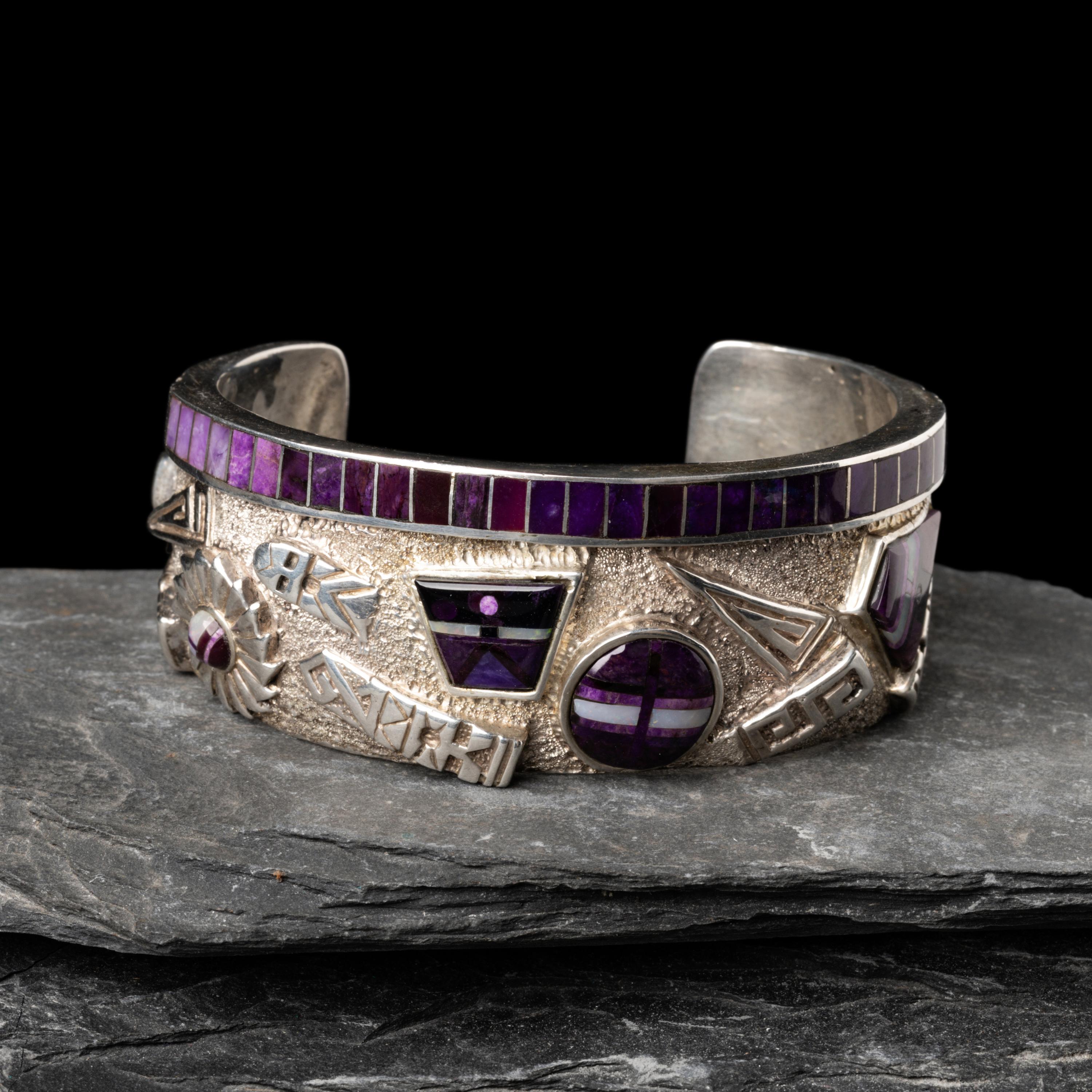 Andy Lee Kirk (Diné, 1947-2001) — Silver, Sugilite, and Opal Cuff Bracelet