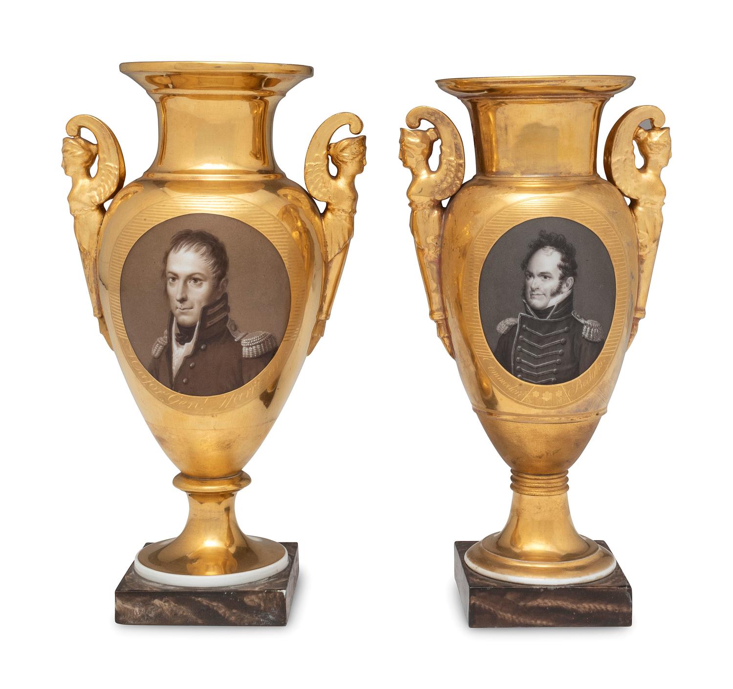 Two War of 1812 Gilt and Hand Painted Porcelain Portrait Vases