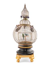 A Chinese Export Hardstone and Cloisonné Mounted Metal Birdcage