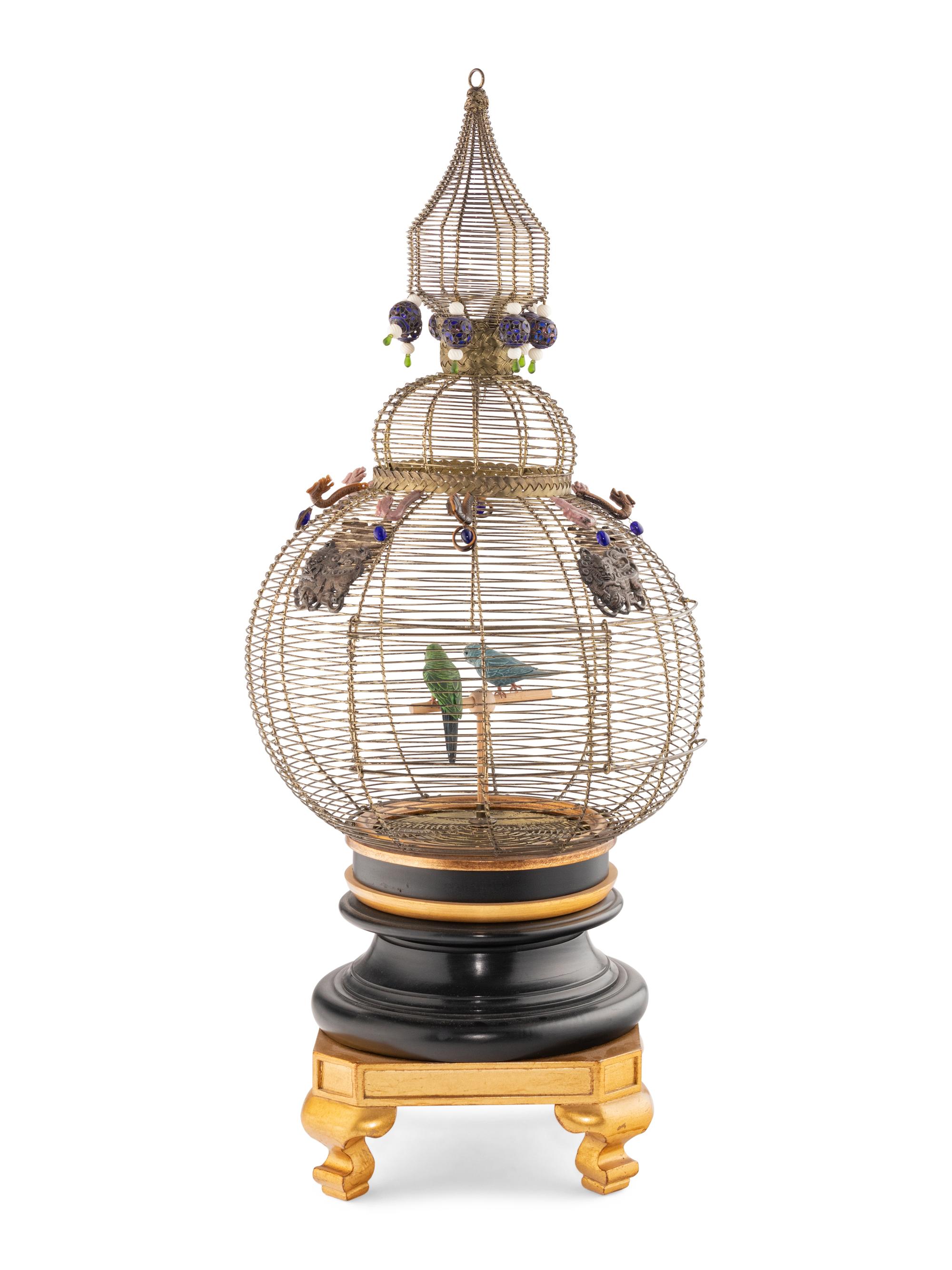 A Chinese Export Hardstone and Cloisonné Mounted Metal Birdcage