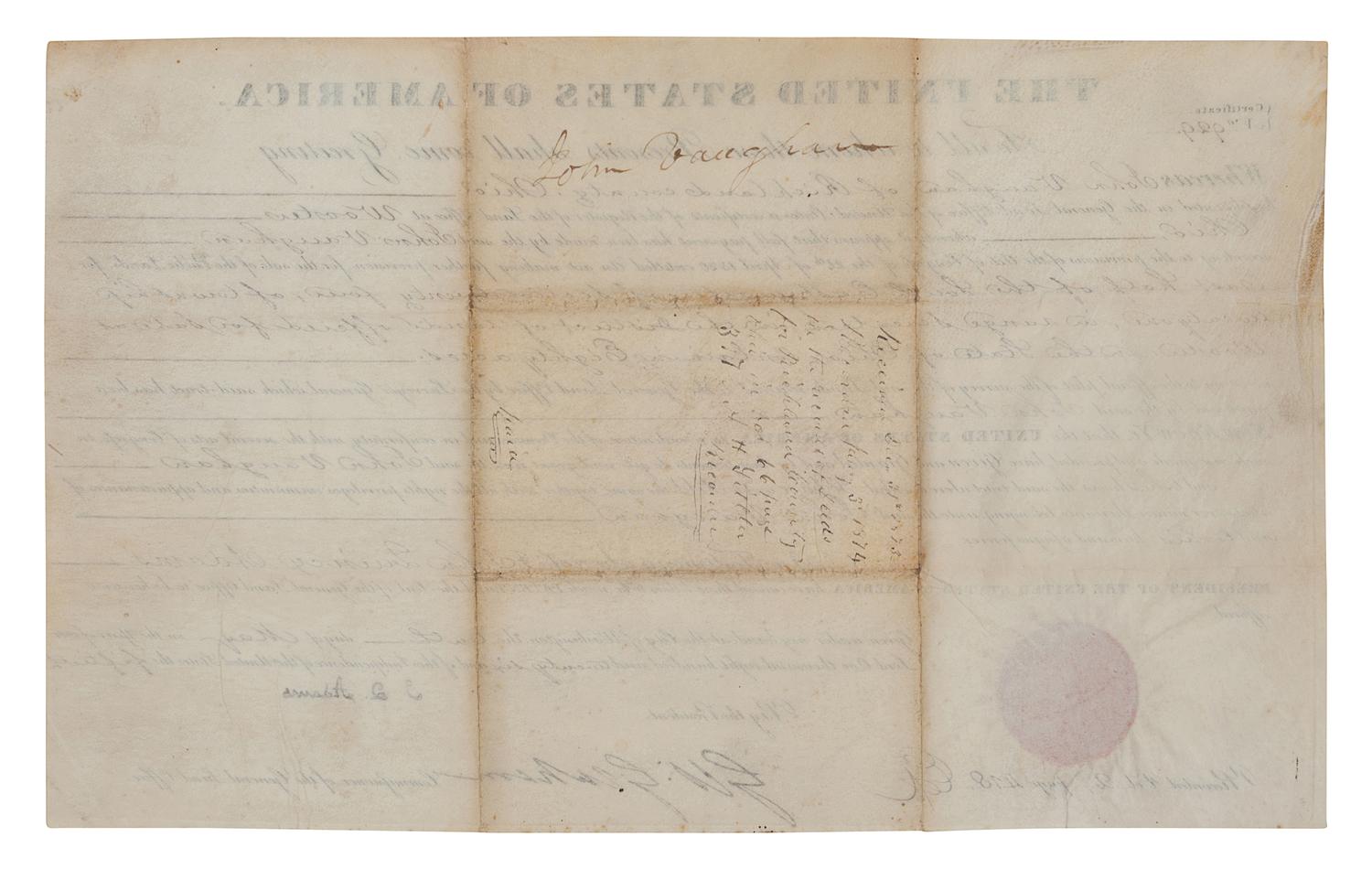 ADAMS, John Quincy (1767-1848). Engraved document signed as President (“J. Q. Adams”), countersigned by Commissioner of the General Land Office George Graham, 10 May 1826.
