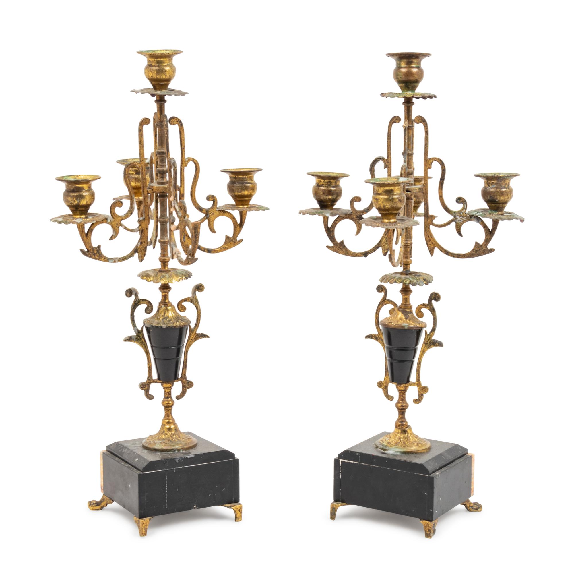 A Pair of Victorian Brass and Marble Five-Light Candelabra
