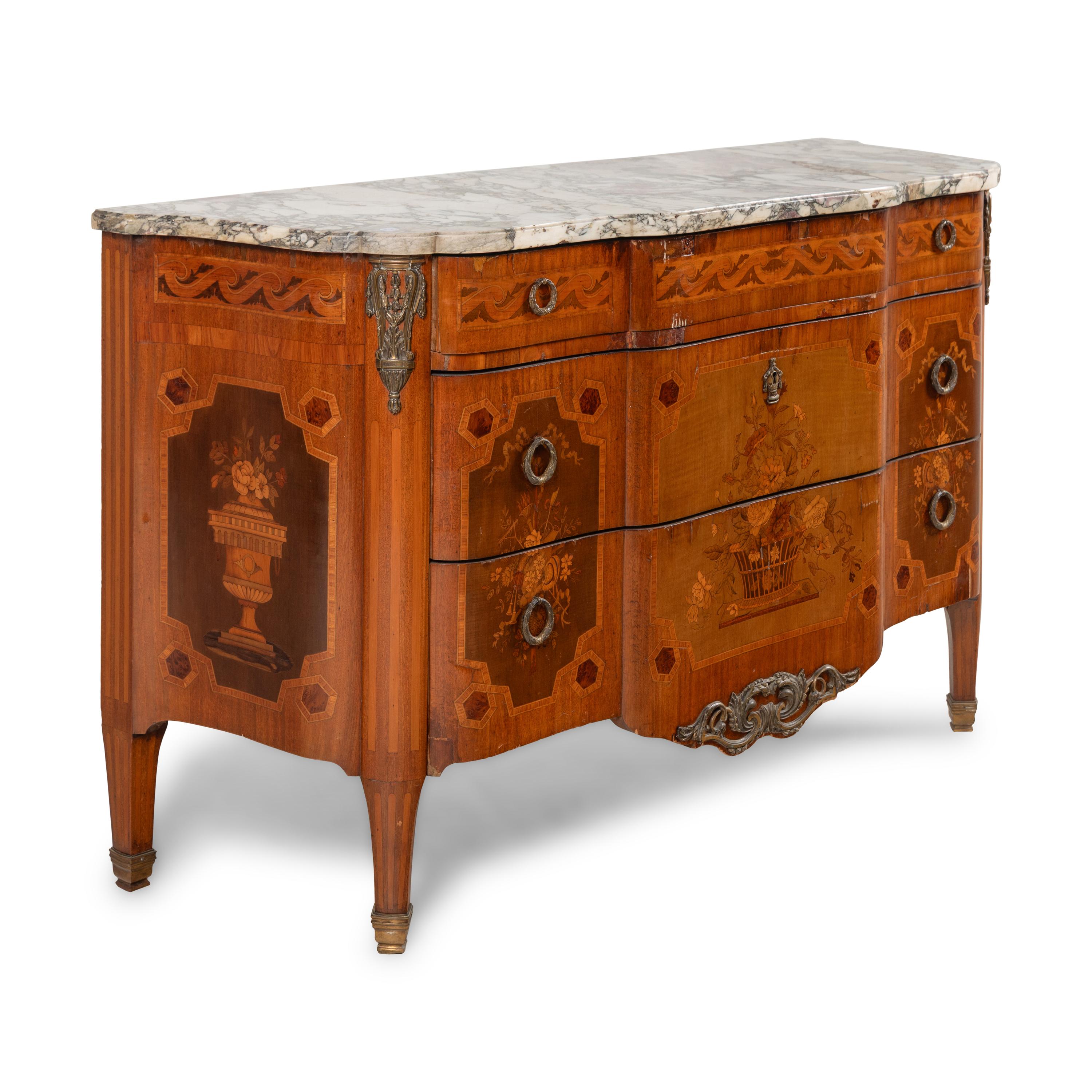 A Louis XVI Style Marquetry and Gilt Bronze Mounted Marble-Top Commode