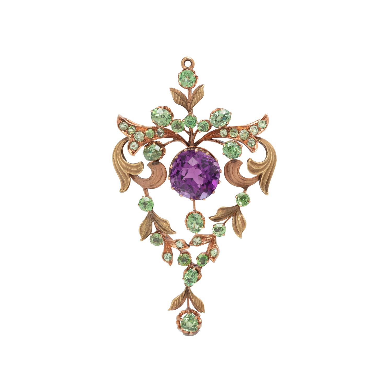 RUSSIAN, ART NOUVEAU, BICOLOR GOLD, AMETHYST AND DEMANTOID GARNET PENDANT/NECKLACE