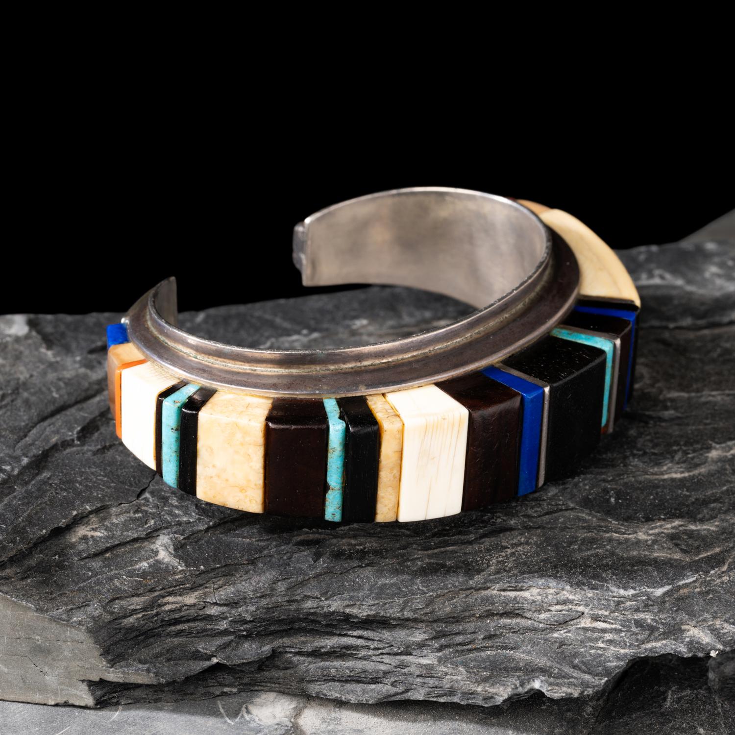 Charles Loloma (Hopi, 1921-1991) — Silver and Cobblestone Inlay Cuff Bracelet