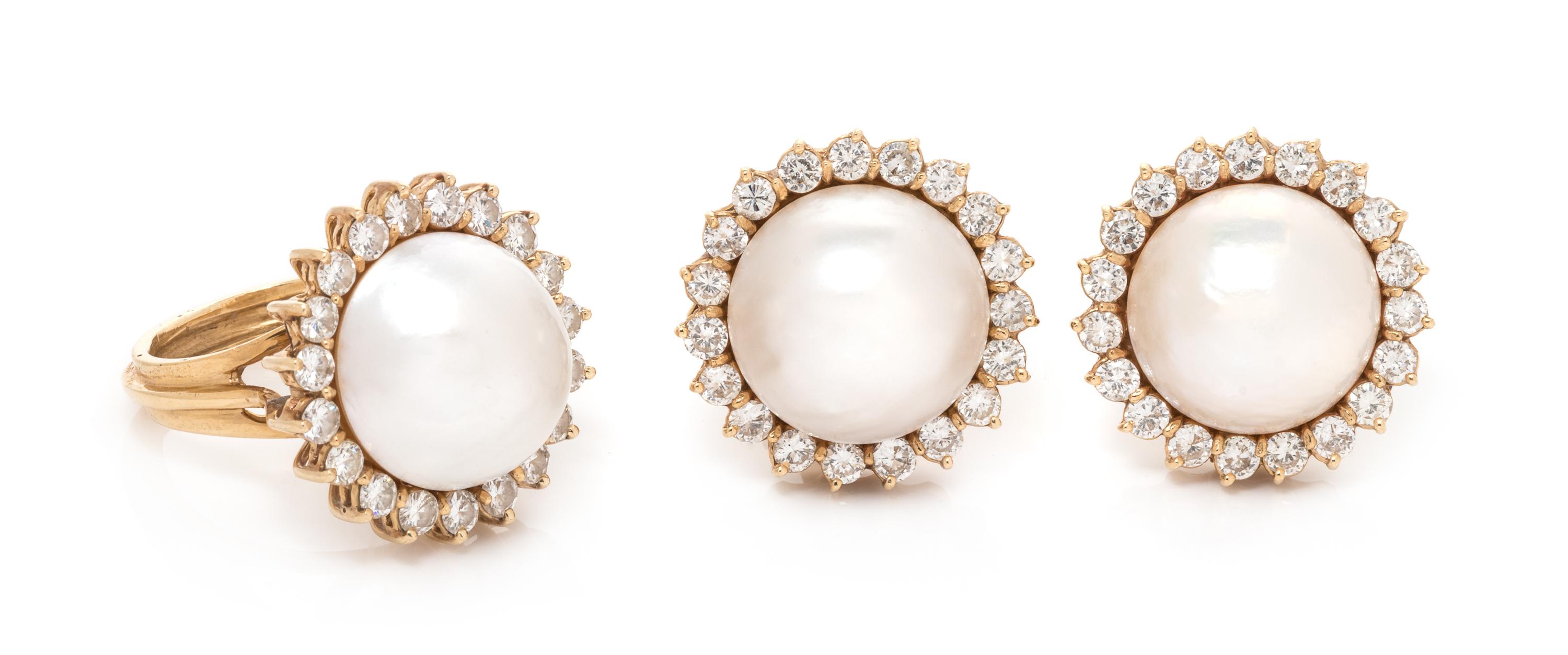 A Yellow Gold, Cultured Mabe Pearl and Diamond Demi-Parure, 17.75 dwts.