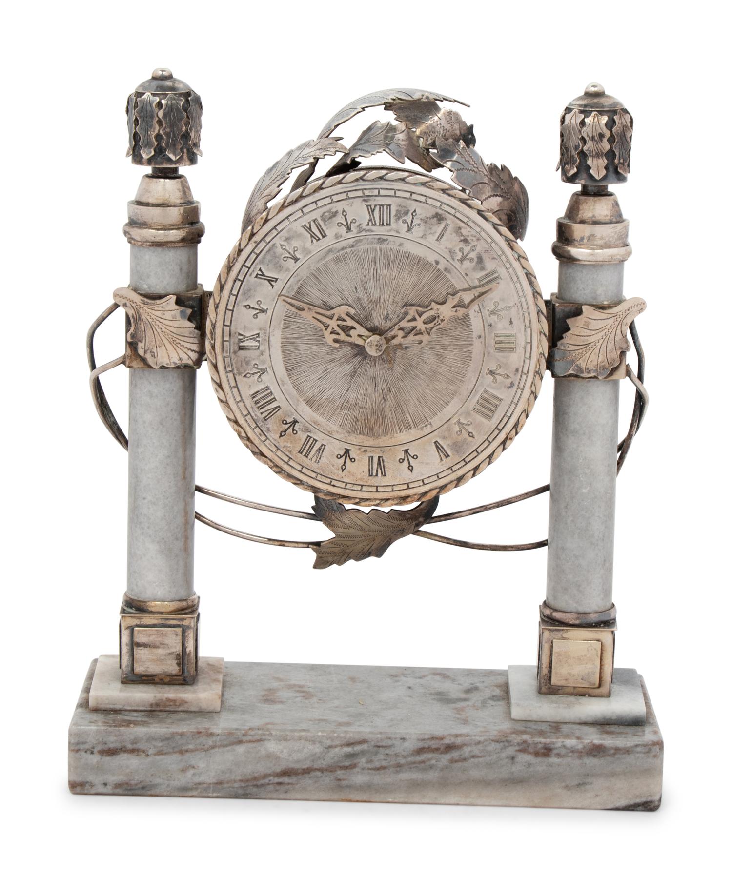 A Continental Silver and Marble Table Clock