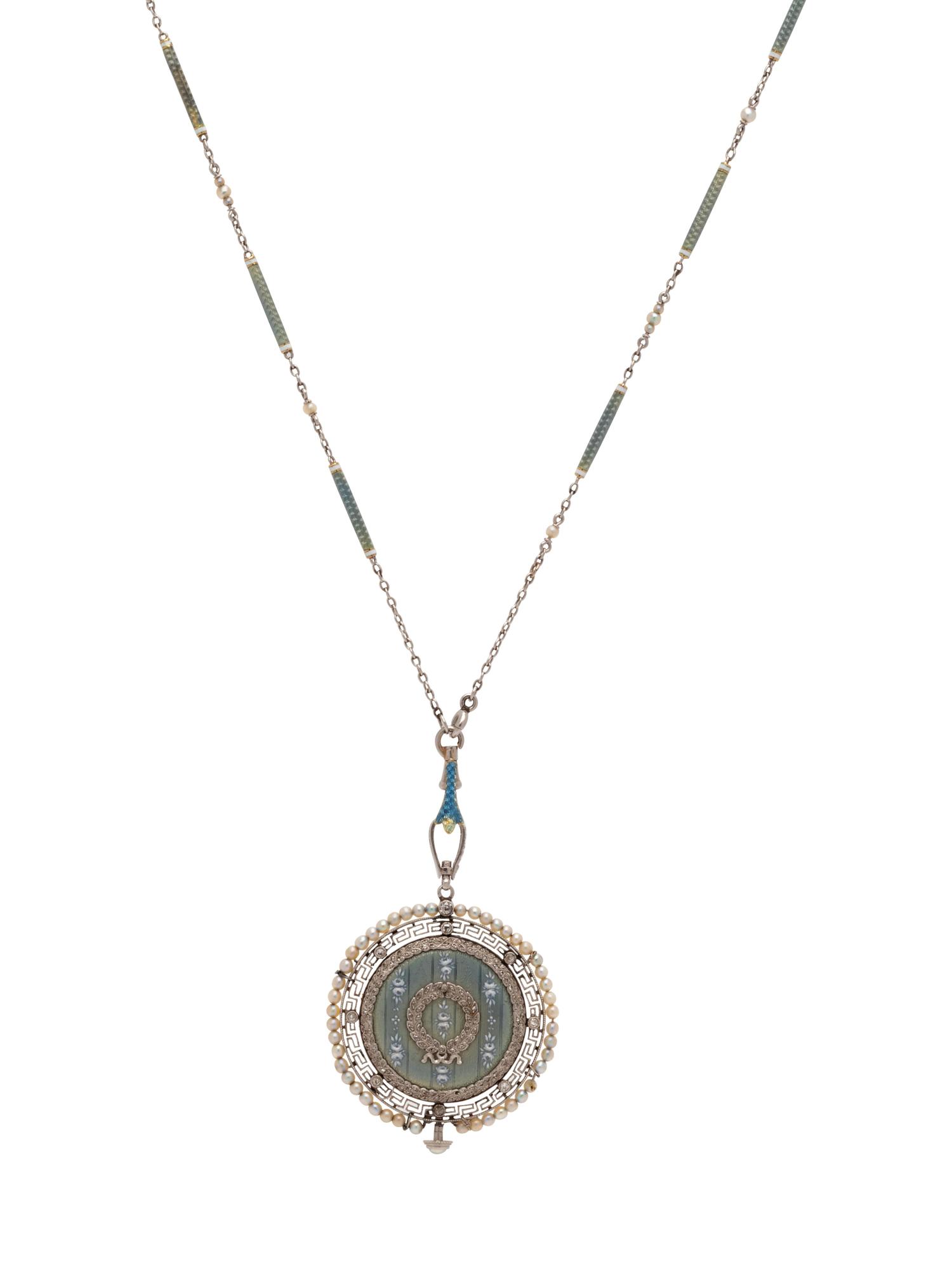 Bailey, Banks & Biddle Co., Edwardian, Diamond, Seed Pearl and Polychrome Enamel Watch Pendant
