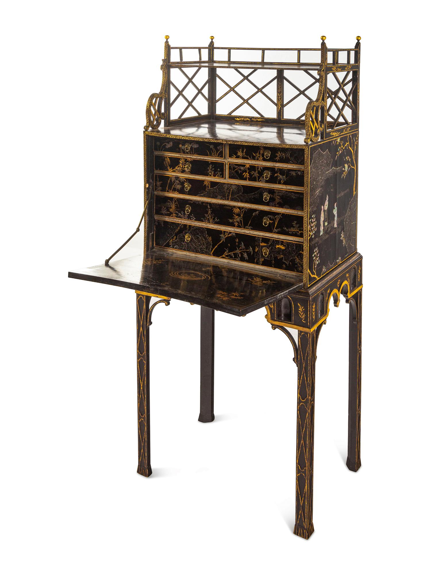 A George III 'Lac Bergaute' and Black and Gilt-Japanned Secrétaire Cabinet-on-Stand