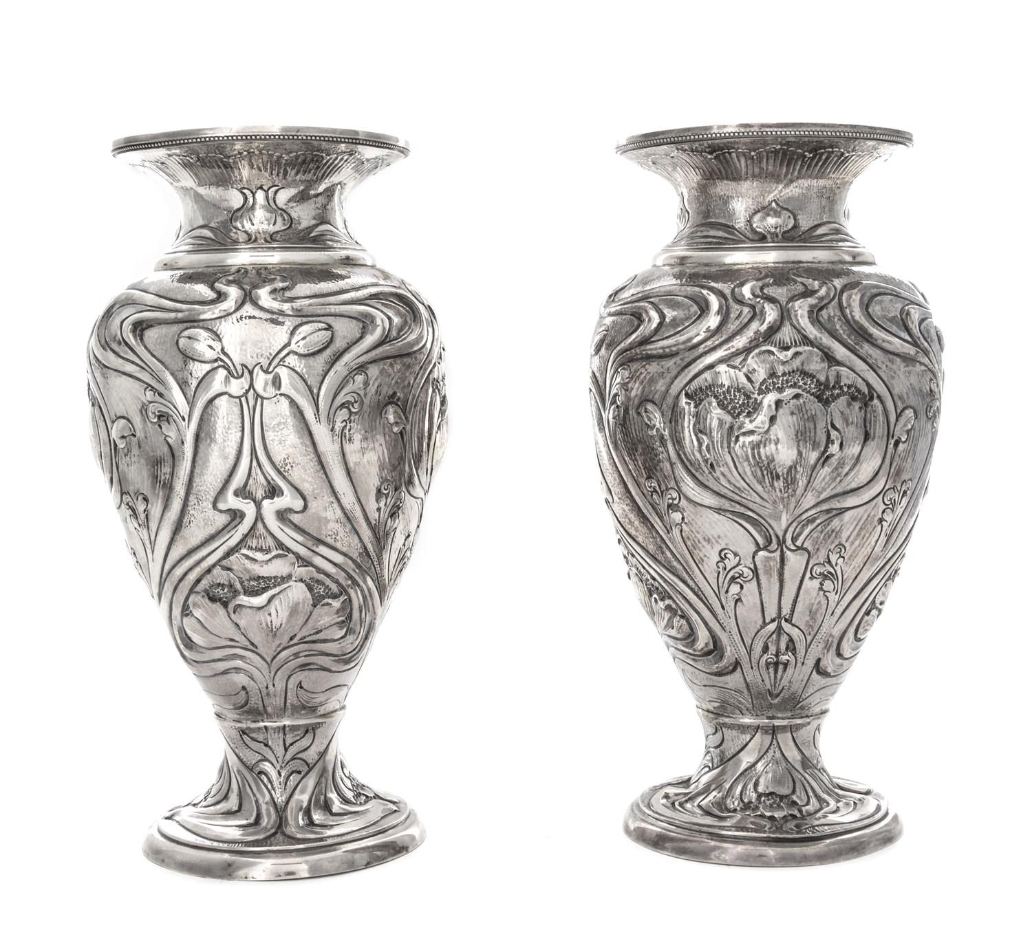 A Pair of Edwardian Silver Vases, Elkington & Co., Birmingham, 1903, each of baluster form in the Art Nouveau taste, worked to show rep