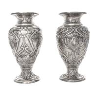 A Pair of Edwardian Silver Vases, Elkington & Co., Birmingham, 1903, each of baluster form in the Art Nouveau taste, worked to show rep