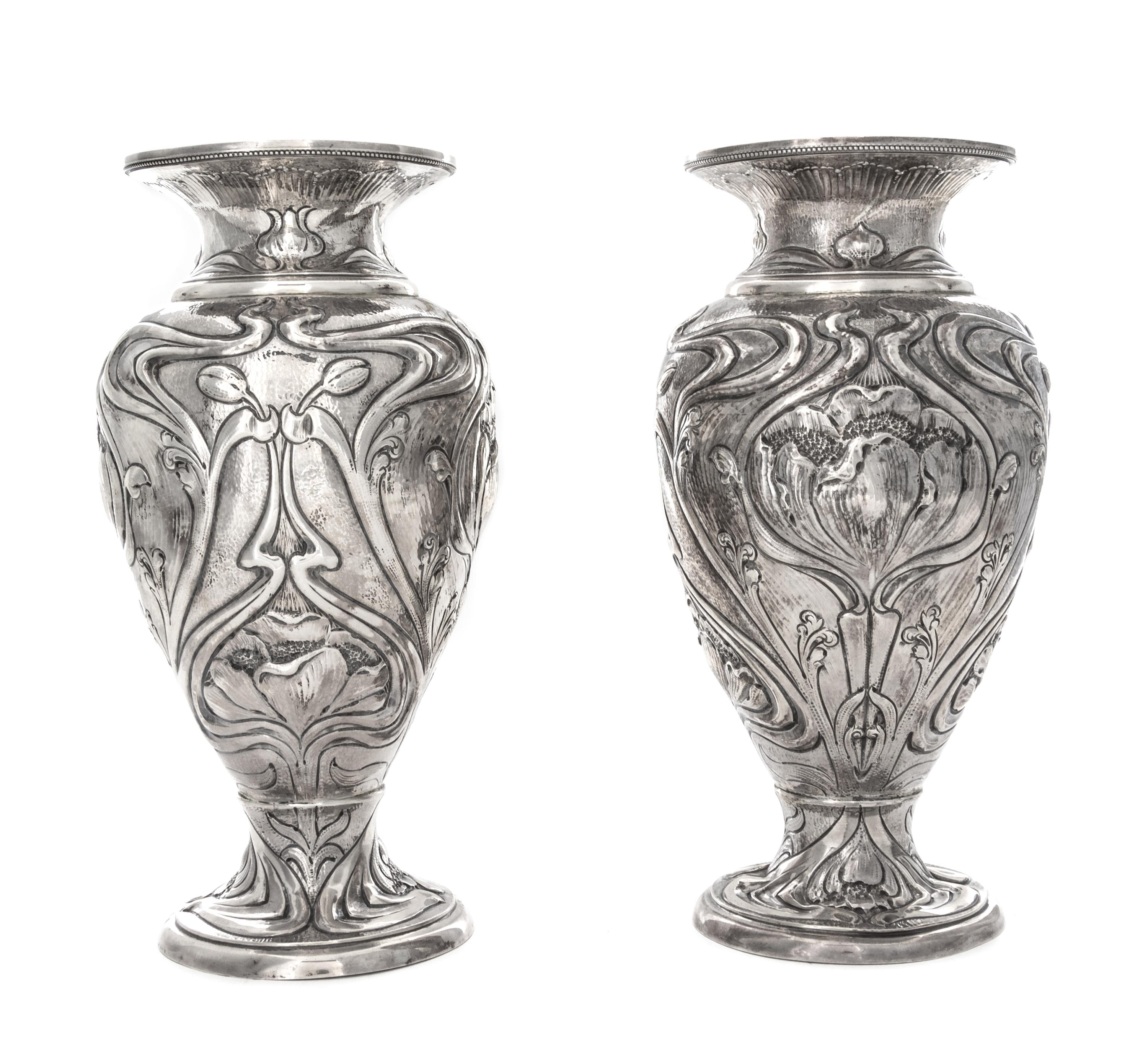 A Pair of Edwardian Silver Vases, Elkington & Co., Birmingham, 1903, each of baluster form in the Art Nouveau taste, worked to show rep