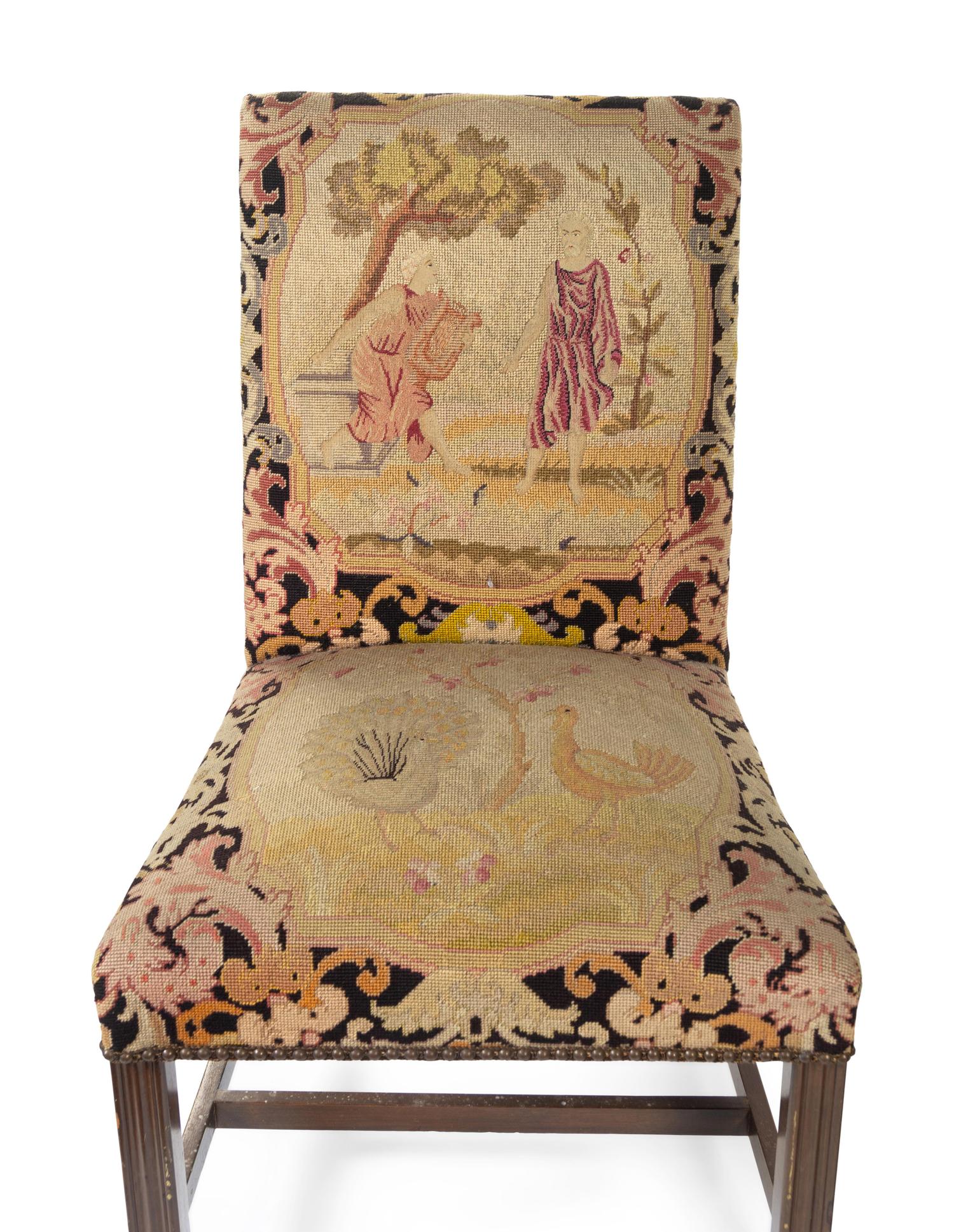 A Pair of George III Style Needlepoint Upholstered Mahogany Library Chairs