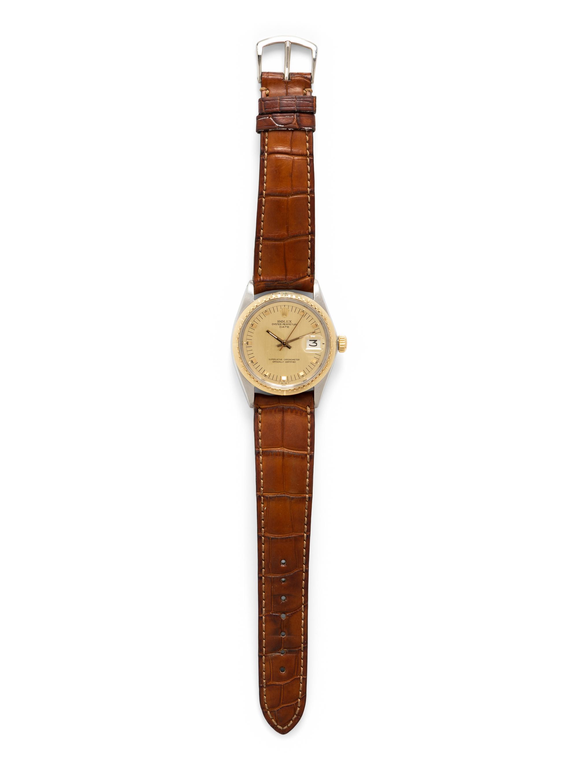 ROLEX, REF. 1512 STAINLESS STEEL AND 18K ENGINE TURNED YELLOW GOLD BEZEL 'DATE' 'ZEPHYR' WATCH, CIRCA 1970