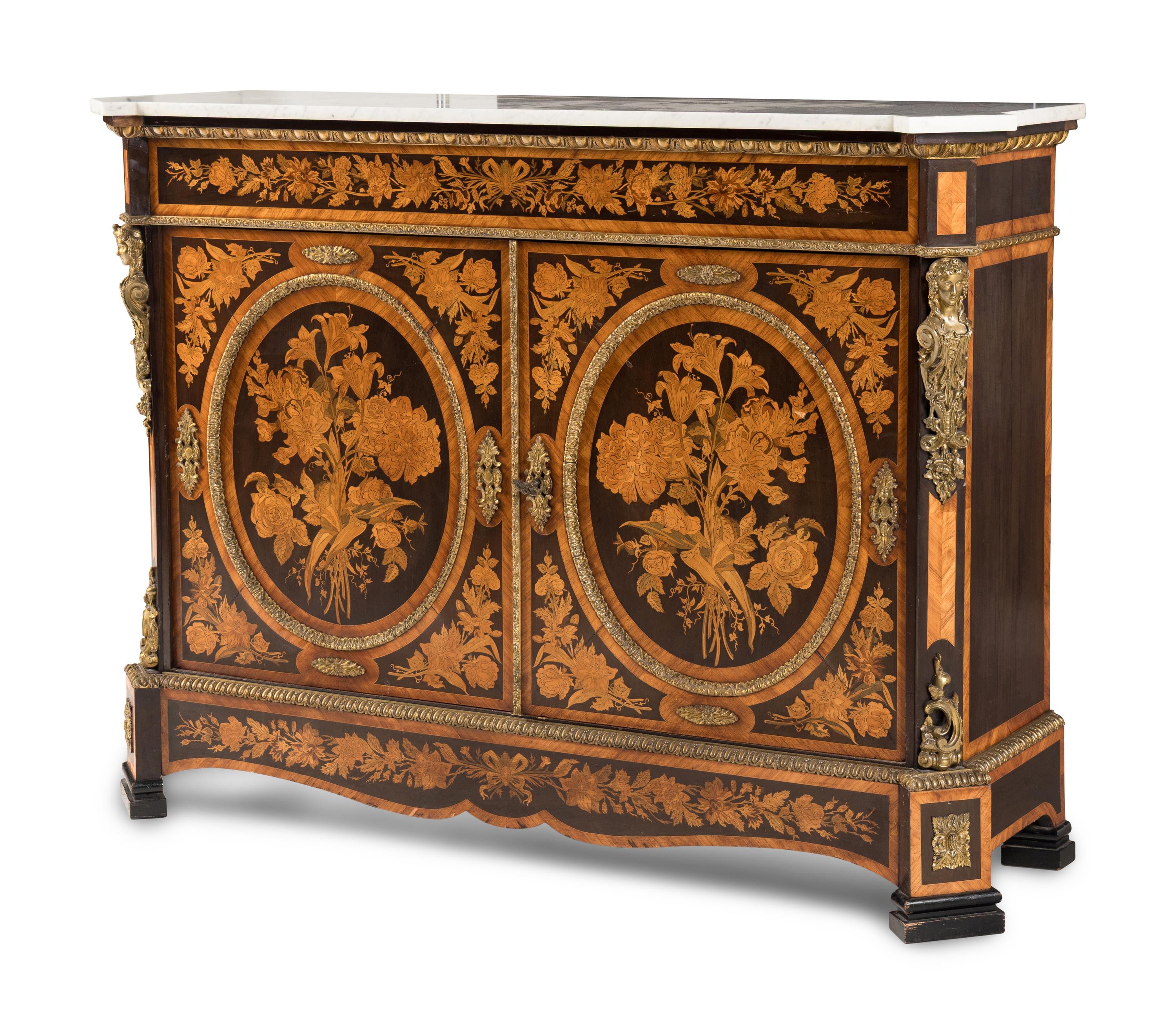 A Napoleon III Gilt Bronze Mounted Marquetry Marble-Top Meuble d'Appui