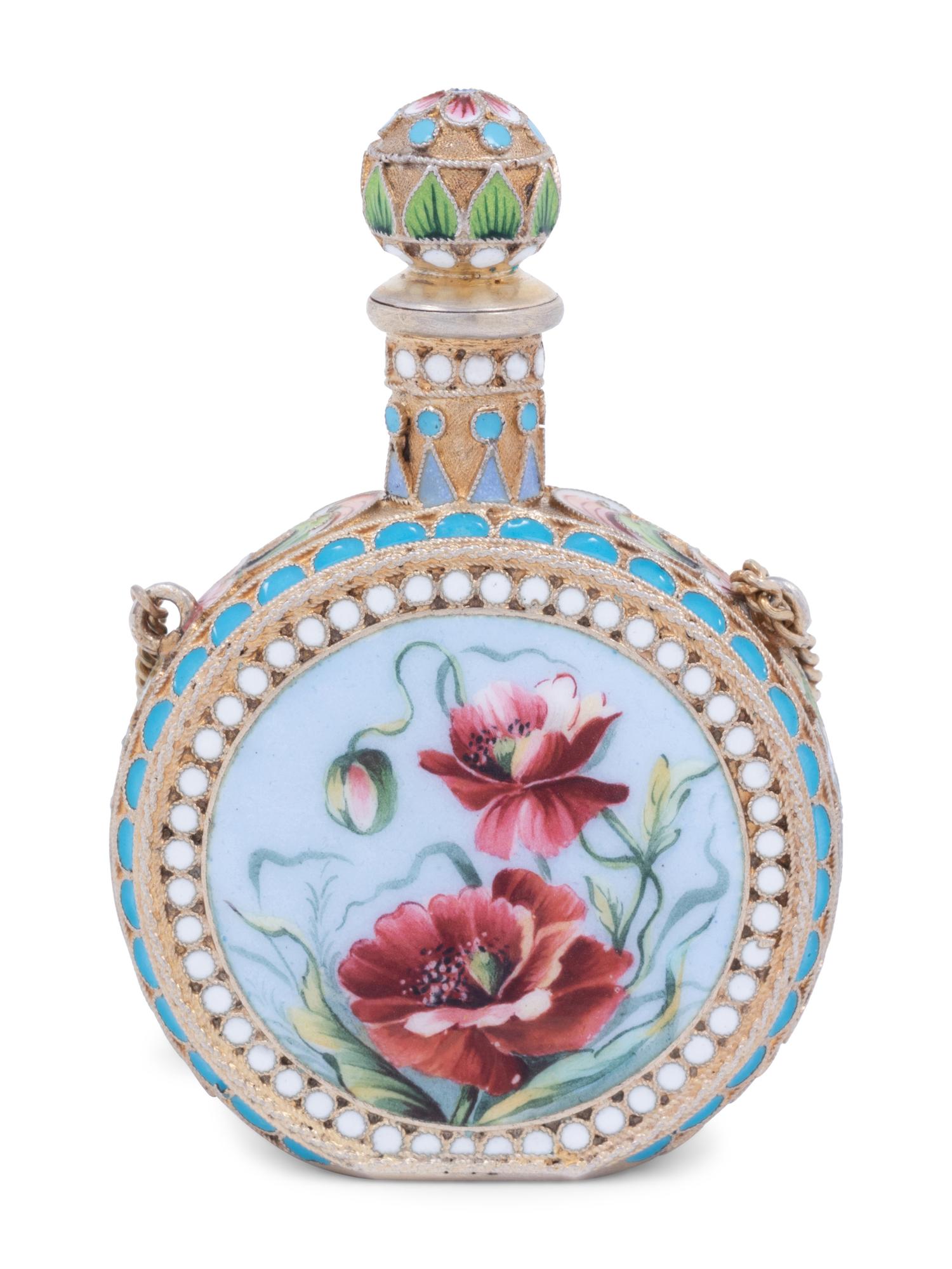 A Russian Enameled Silver-Gilt Scent Flask and Clip