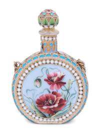 A Russian Enameled Silver-Gilt Scent Flask and Clip
