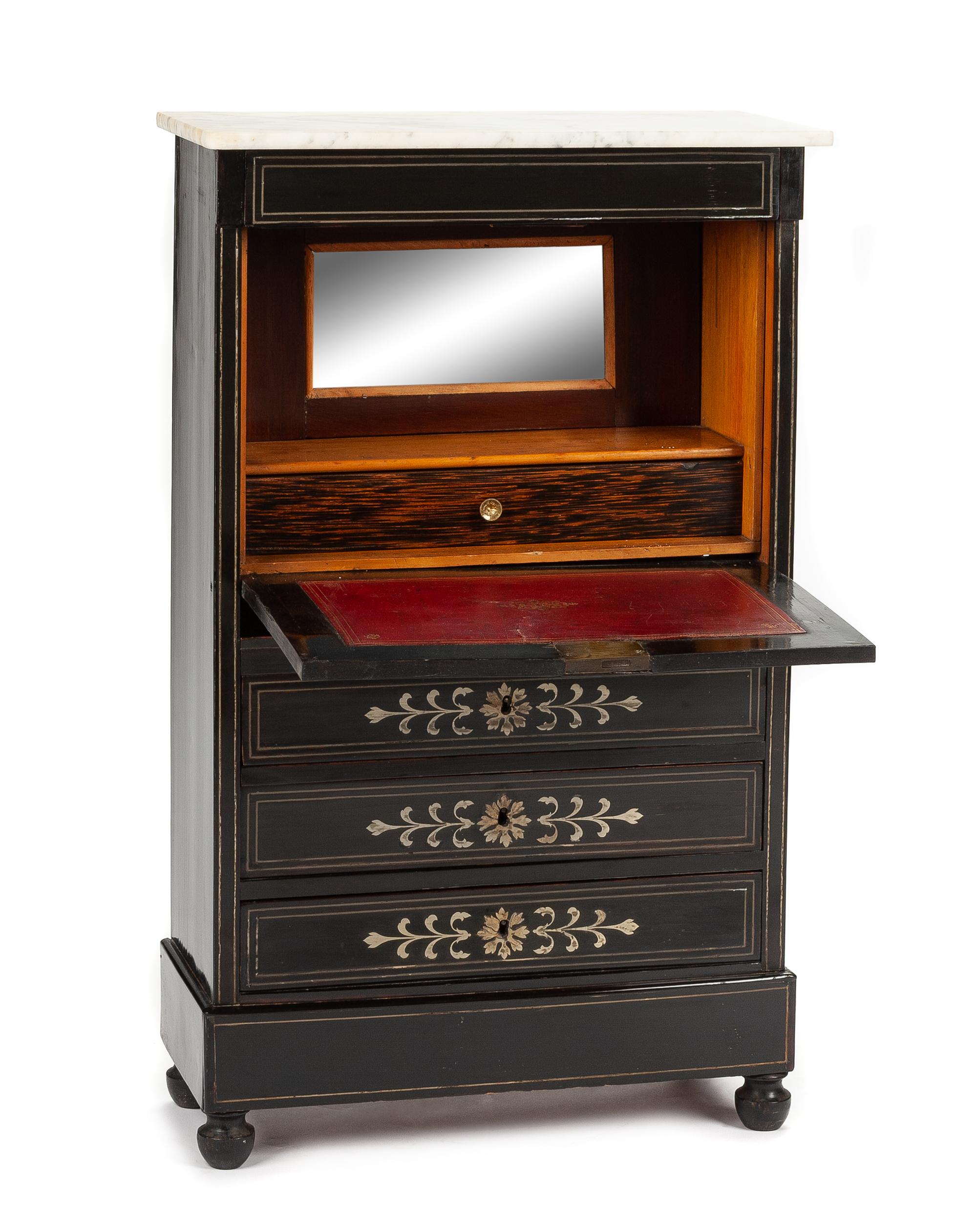 A Louis Philippe Style Diminutive Pewter Inlaid Ebonized Secretaire a Abattant Height 27 1/2 x width 17 x depth 7 3/4 inches. — 19TH CENTURY