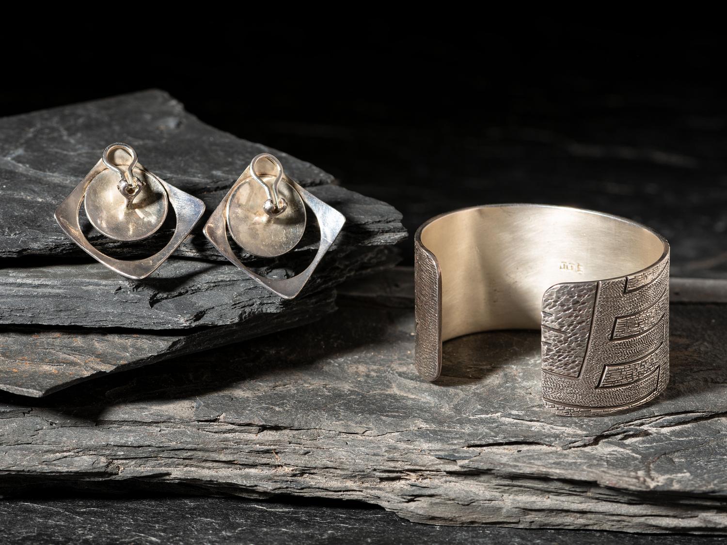 Textured Silver Cuff Bracelet and Earrings