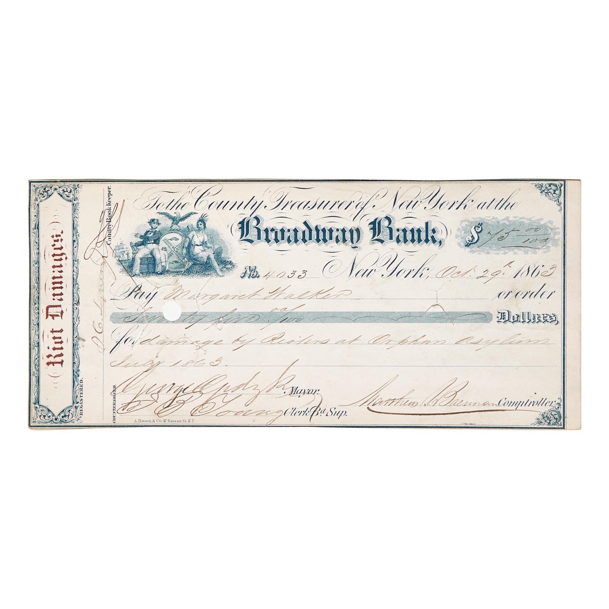 [Civil War] New York Draft Riot Damages Check Issued for Losses at the Colored Orphan Asylum