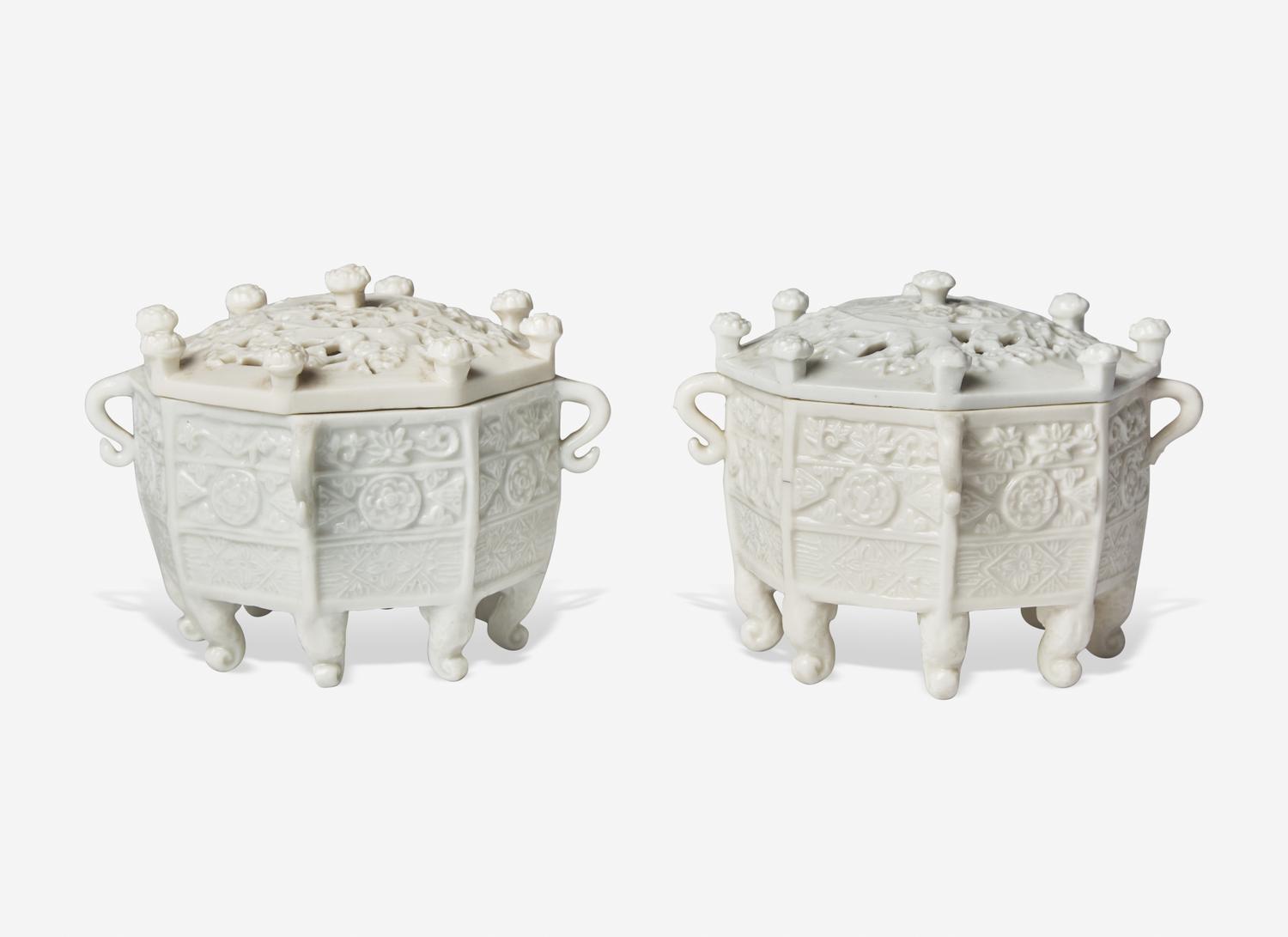 A Pair of Chinese Dehua Porcelain "Marco Polo" Covered Censers