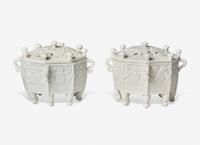 A Pair of Chinese Dehua Porcelain "Marco Polo" Covered Censers