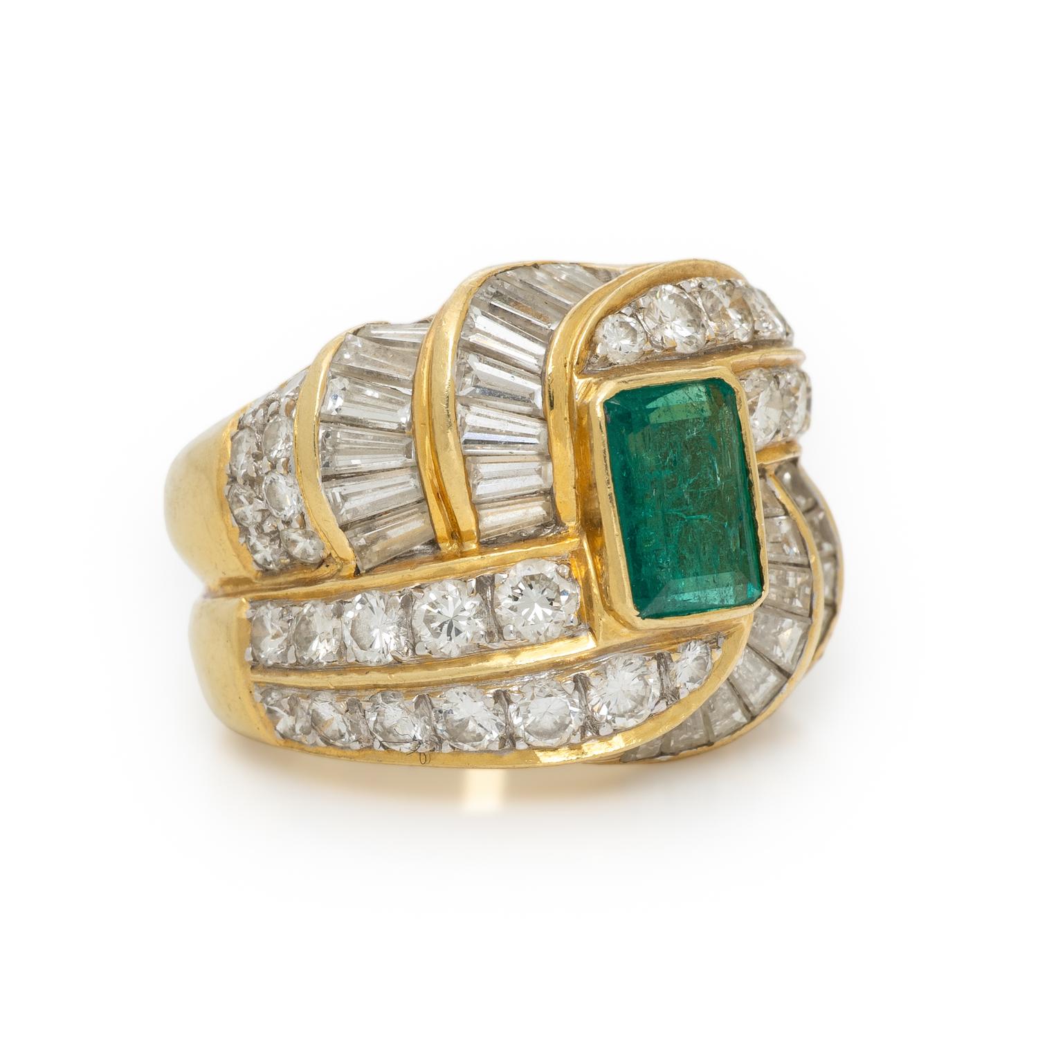 EMERALD, DIAMOND RING, AND YELLOW GOLD RING