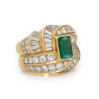 EMERALD, DIAMOND RING, AND YELLOW GOLD RING