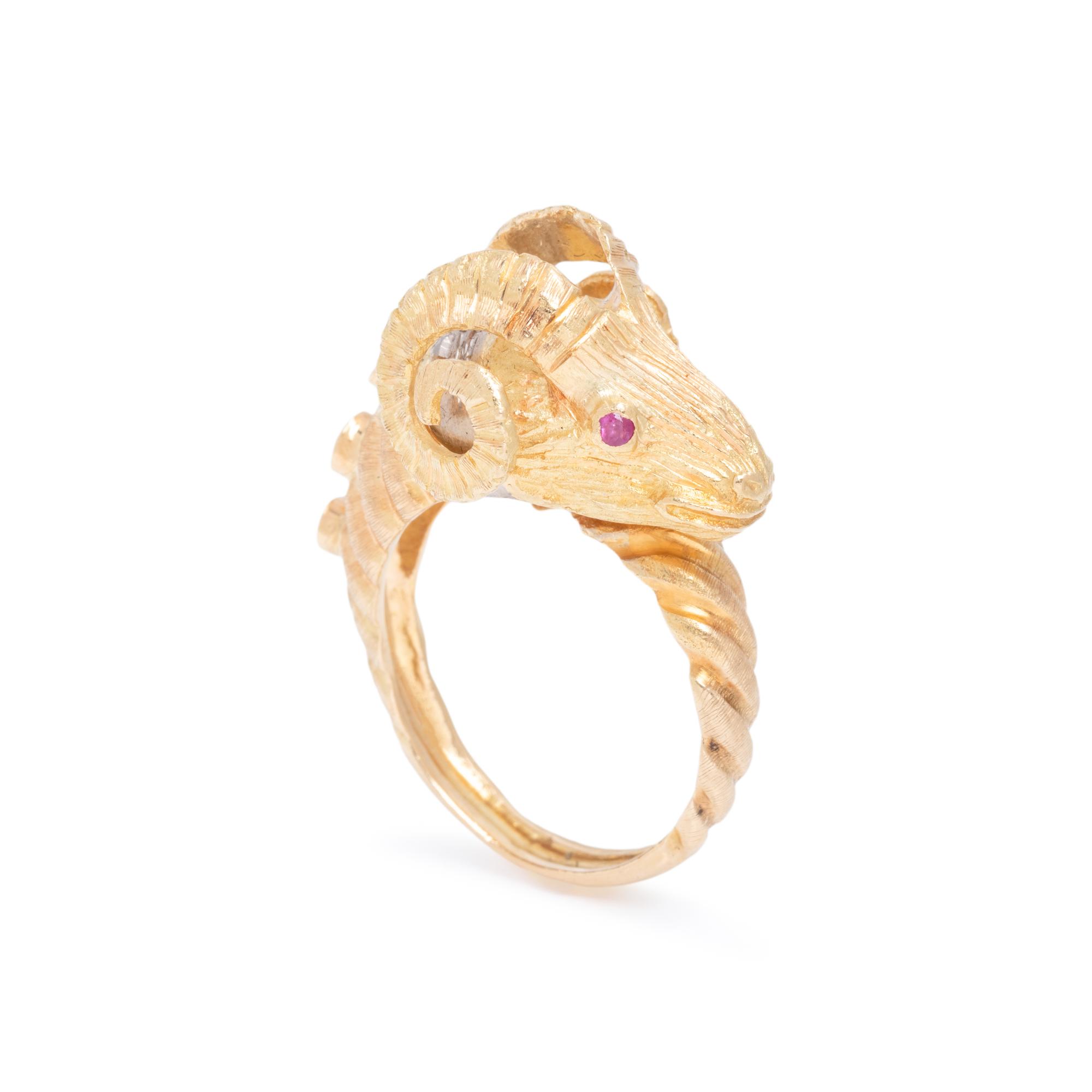 LALAOUNIS, YELLOW GOLD AND RUBY RAM'S HEAD RING