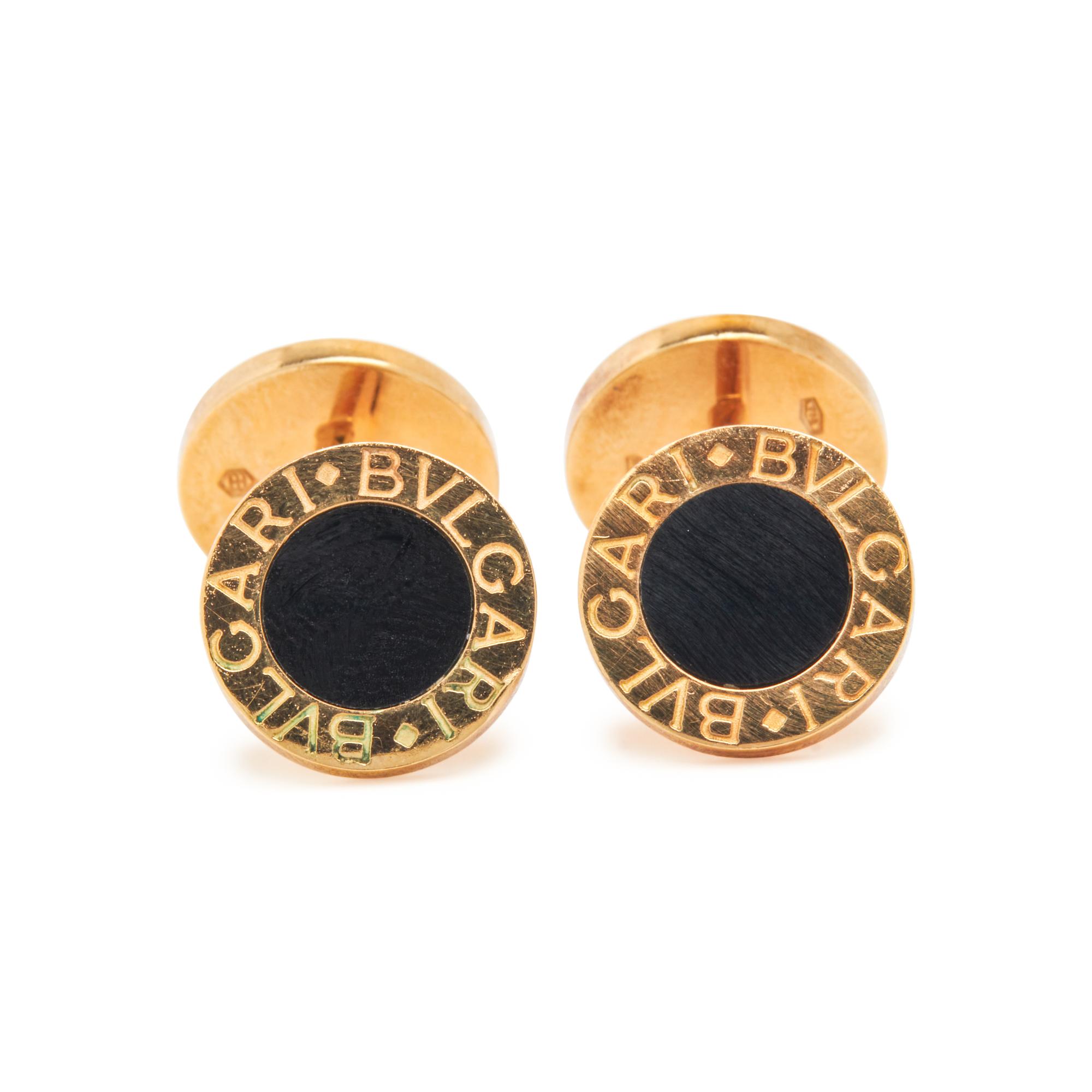 BULGARI, YELLOW GOLD AND ONYX 'BULGARI BULGARI' CUFFLINKS