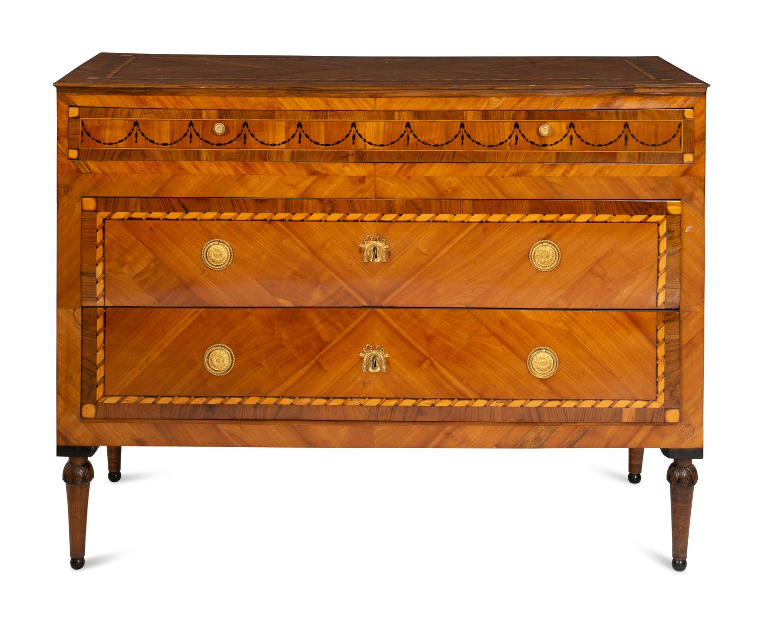 A Pair of Fine North Italian Neoclassical Walnut and Fruitwood Parquetry Commodes