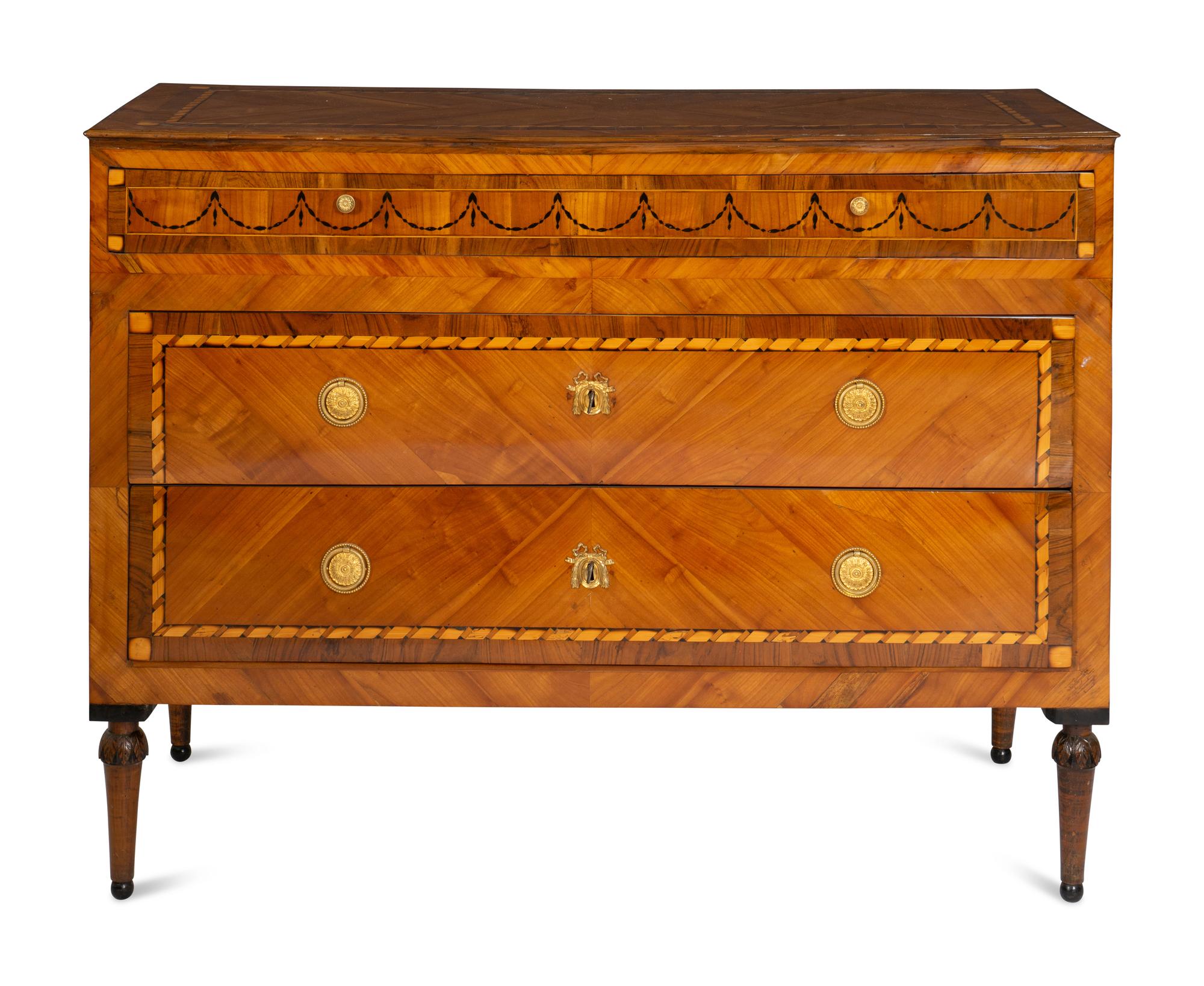 A Pair of Fine North Italian Neoclassical Walnut and Fruitwood Parquetry Commodes