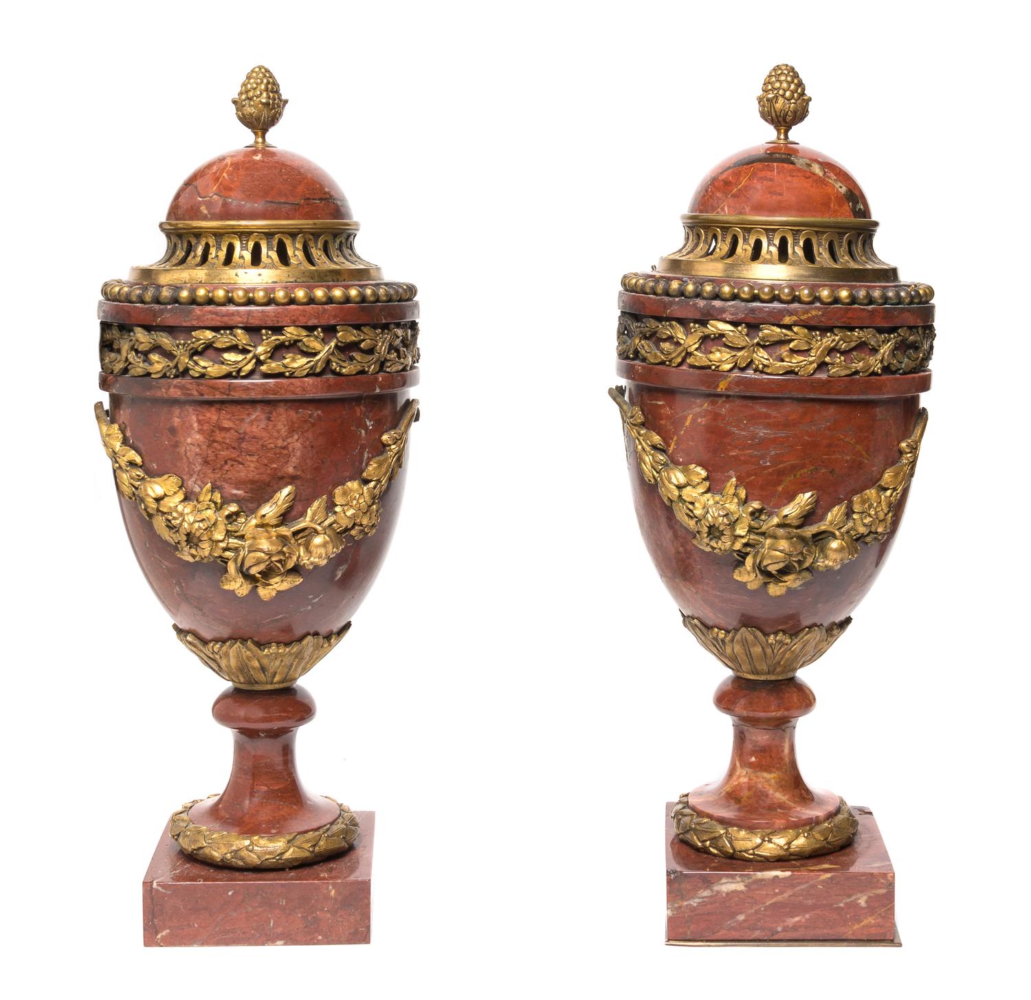 A Pair of Neoclassical Rouge Marble and Gilt Bronze Mounted Urns, Height 17 1/4 inches.