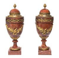 A Pair of Neoclassical Rouge Marble and Gilt Bronze Mounted Urns, Height 17 1/4 inches.