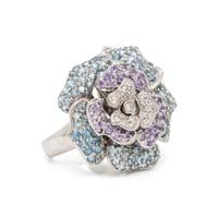 SONIA B., WHITE GOLD, DIAMOND, AQUAMARINE, AND PURPLE SAPPHIRE FLOWER RING