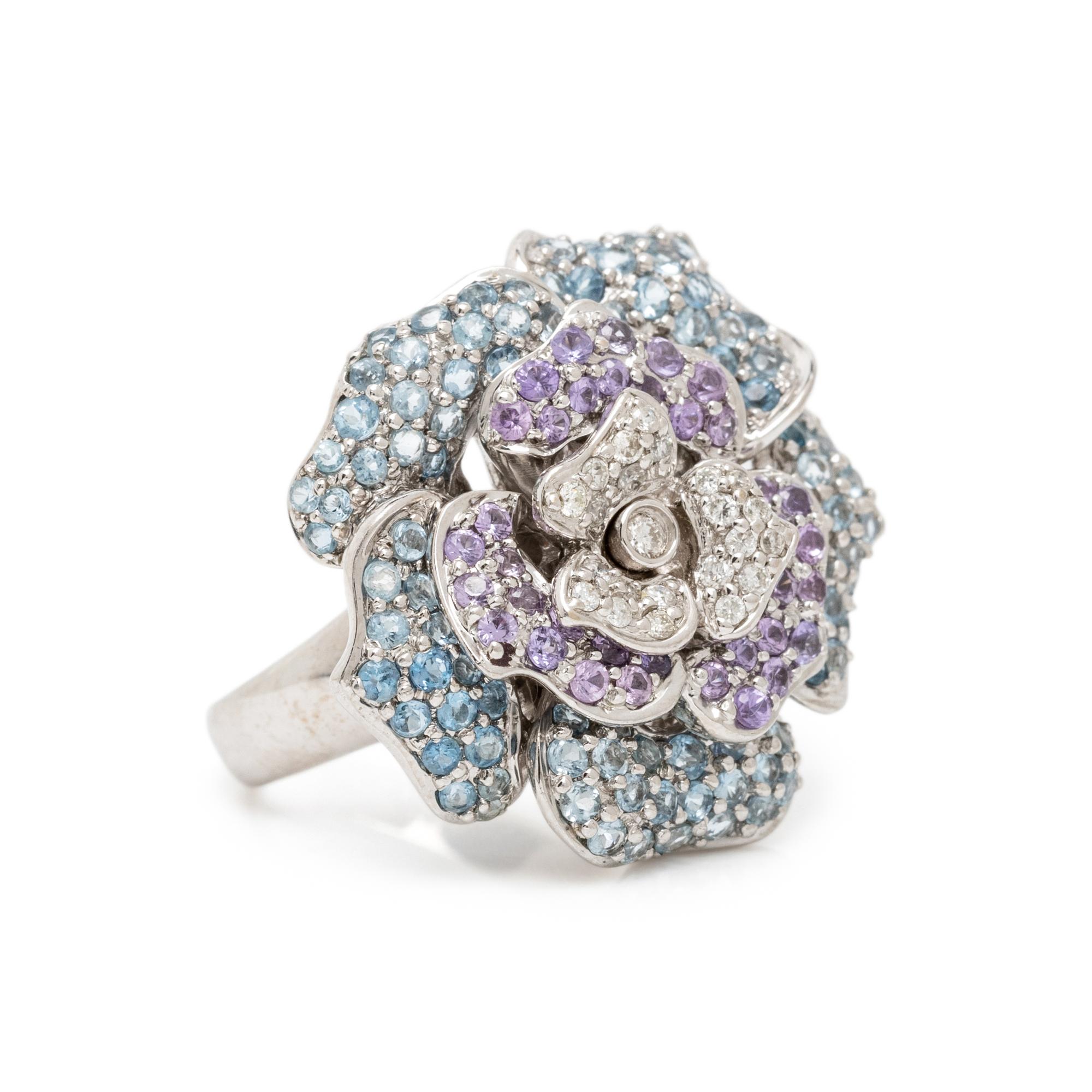 SONIA B., WHITE GOLD, DIAMOND, AQUAMARINE, AND PURPLE SAPPHIRE FLOWER RING