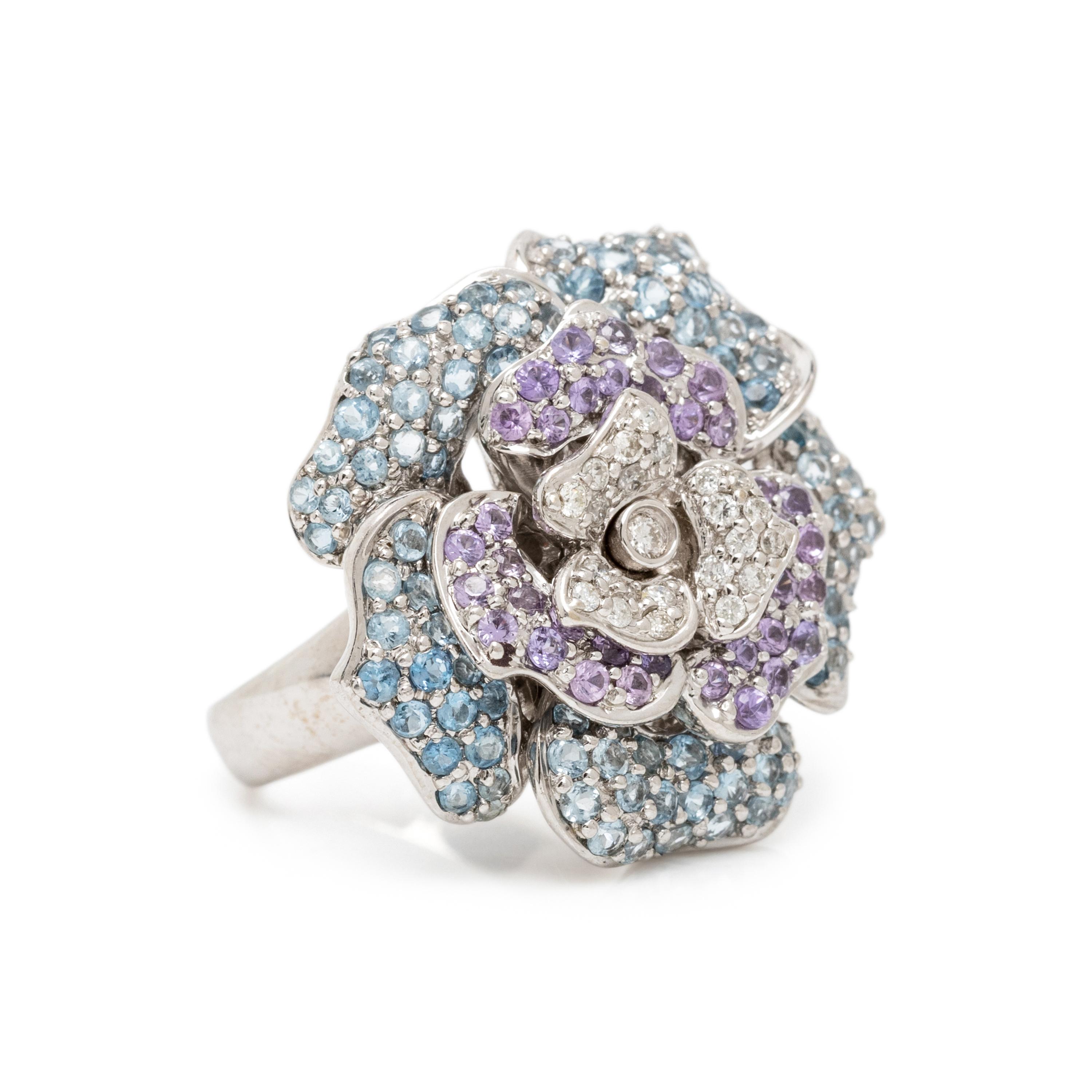SONIA B., WHITE GOLD, DIAMOND, AQUAMARINE, AND PURPLE SAPPHIRE FLOWER RING