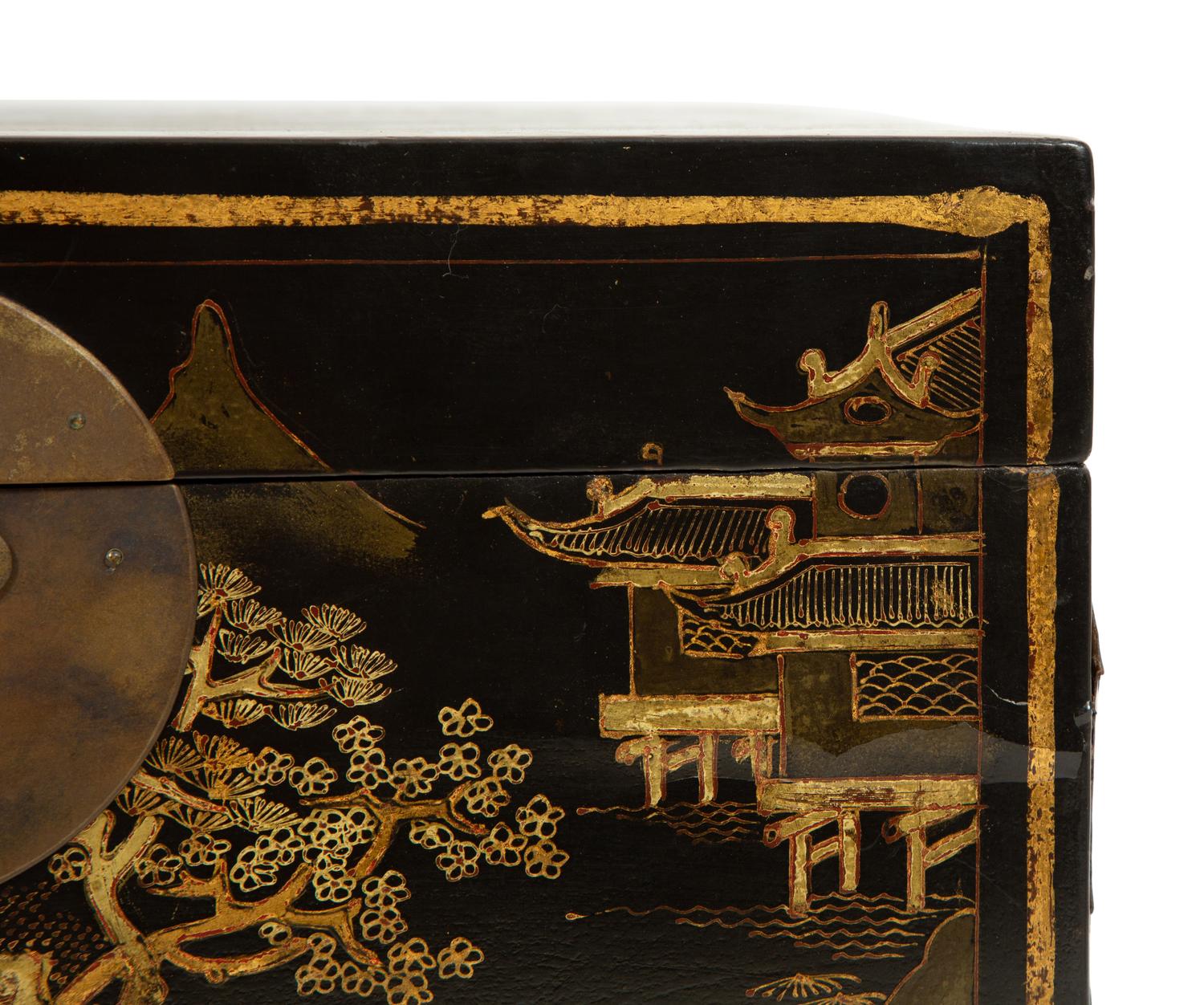 Two Chinese Black and Gilt Lacquer Boxes with Brass Mounts
