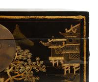 Two Chinese Black and Gilt Lacquer Boxes with Brass Mounts