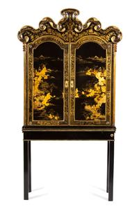 A Chinese Black and Gilt Lacquer Cabinet Height 81 3/4 x width 42 1/2 x depth 13 inches. — 18TH CENTURY