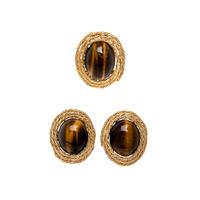 TIGER'S EYE AND YELLOW GOLD EARRINGS AND PENDANT/BROOCH