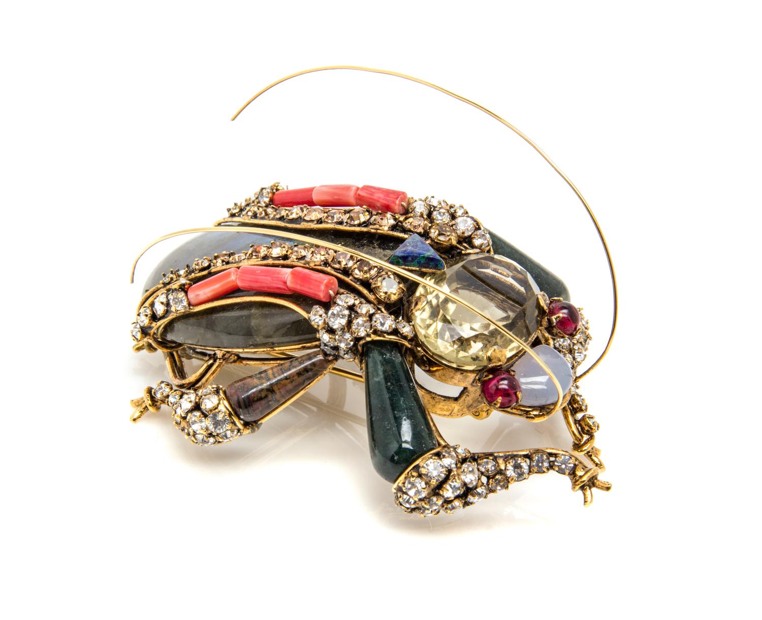 An Iradj Moini Labradorite, Jasper, Azurmalachite, Blue Chalcedony & Coral Grasshopper Brooch.