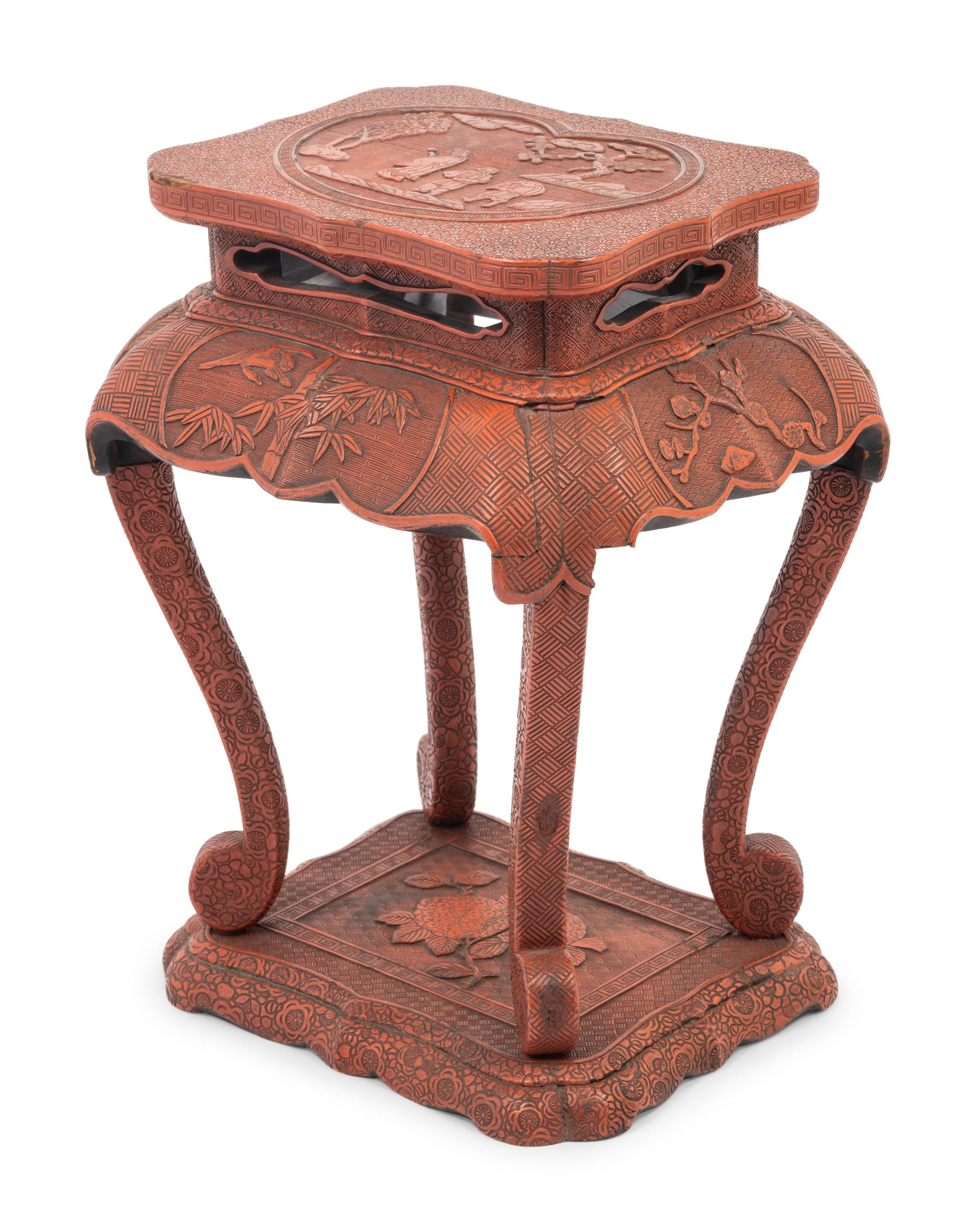 A Chinese Red Lacquered Wood Side Stand