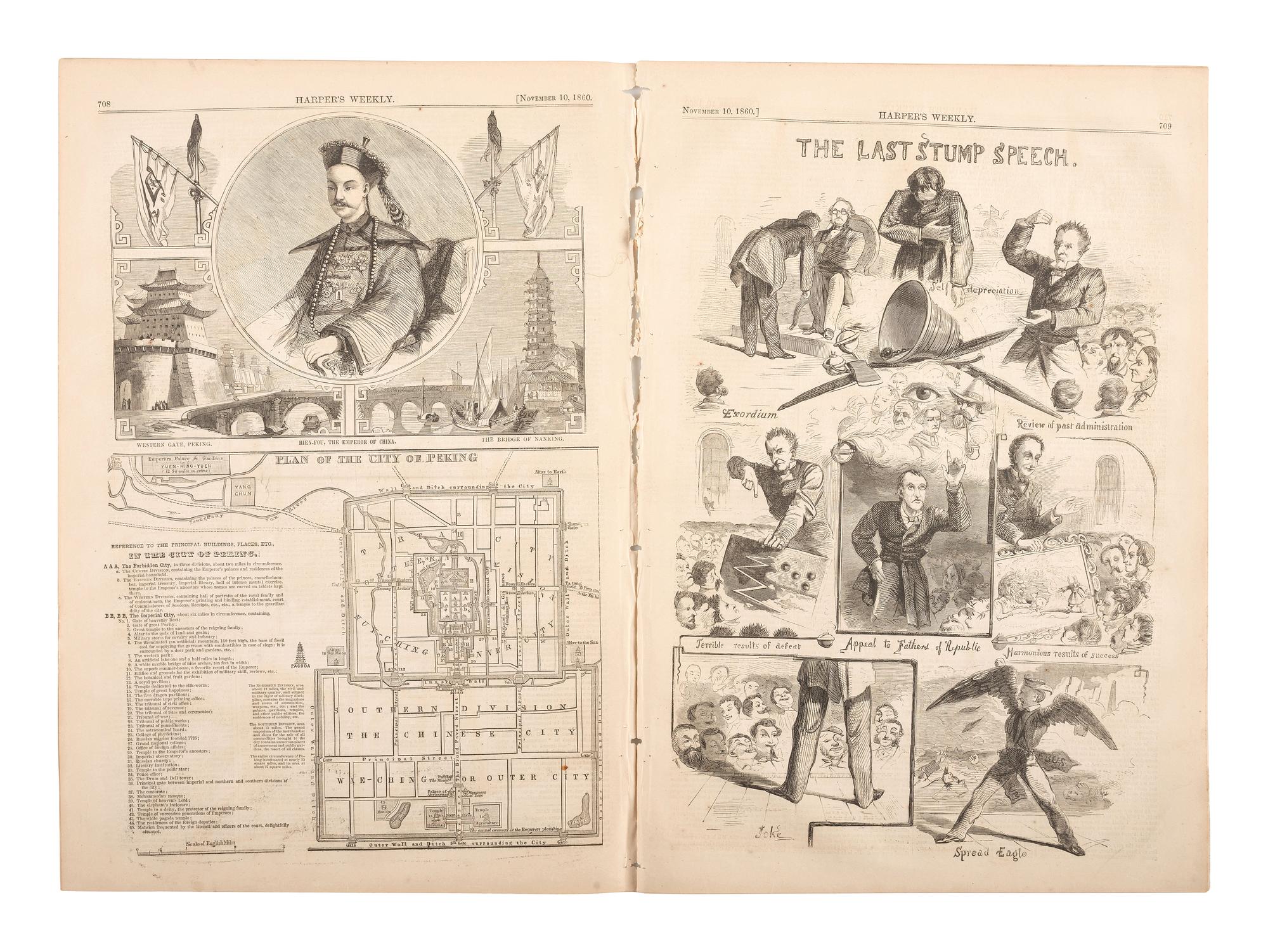 [LINCOLN, Abraham (1809-1865)]. Harper’s Weekly. Vol. IV, No. 202. New York, NY: Harper & Brothers, 10 November 1860.