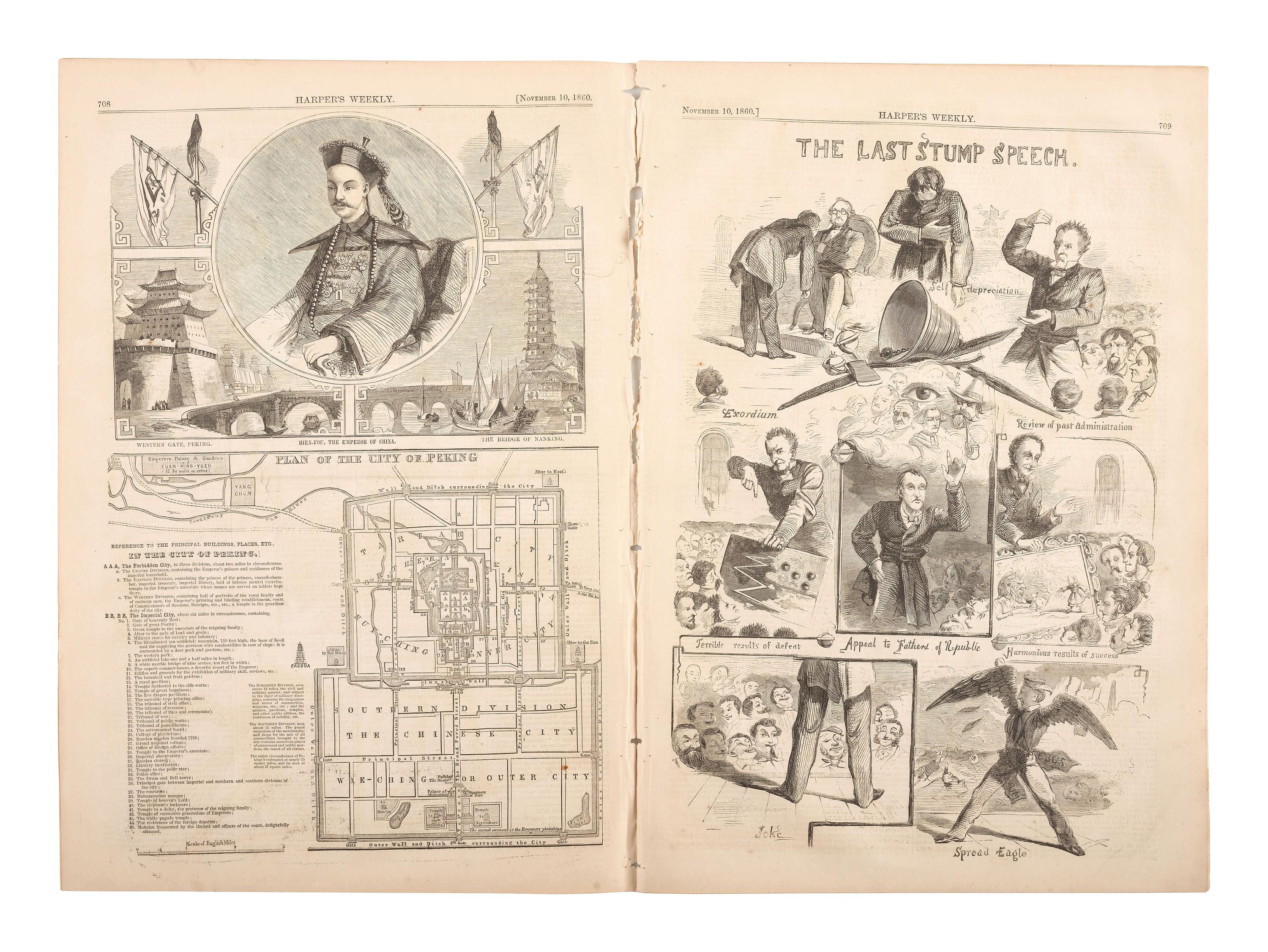 [LINCOLN, Abraham (1809-1865)]. Harper’s Weekly. Vol. IV, No. 202. New York, NY: Harper & Brothers, 10 November 1860.