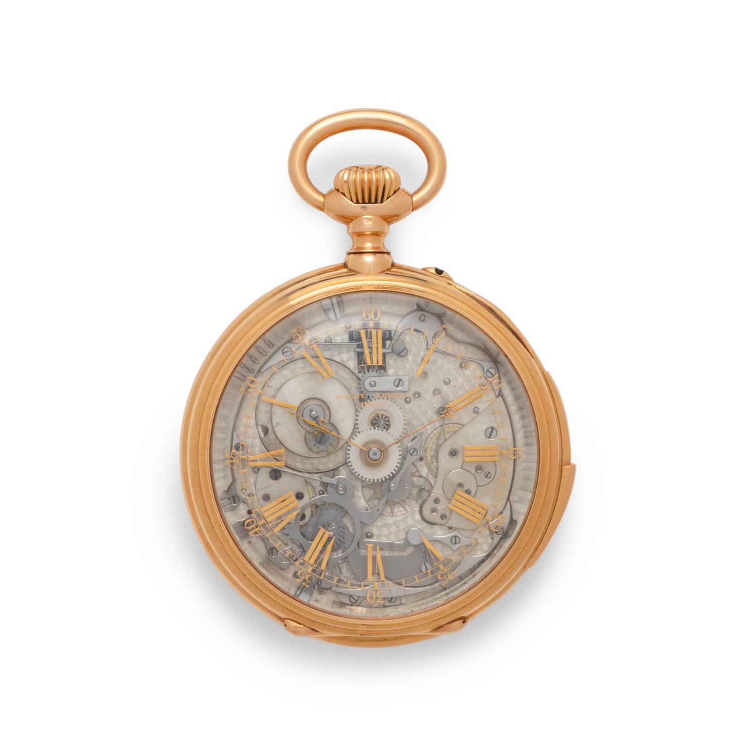 WILLY BERGER, 18K ROSE GOLD AND ENAMEL SKELETONIZED QUARTER REPEATING KEYLESS LEVER WITH APPLIED ARMS OF THE HOUSE OF HOHENZOLLERN AND BRANDENBURG POCKET WATCH