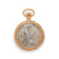 WILLY BERGER, 18K ROSE GOLD AND ENAMEL SKELETONIZED QUARTER REPEATING KEYLESS LEVER WITH APPLIED ARMS OF THE HOUSE OF HOHENZOLLERN AND BRANDENBURG POCKET WATCH