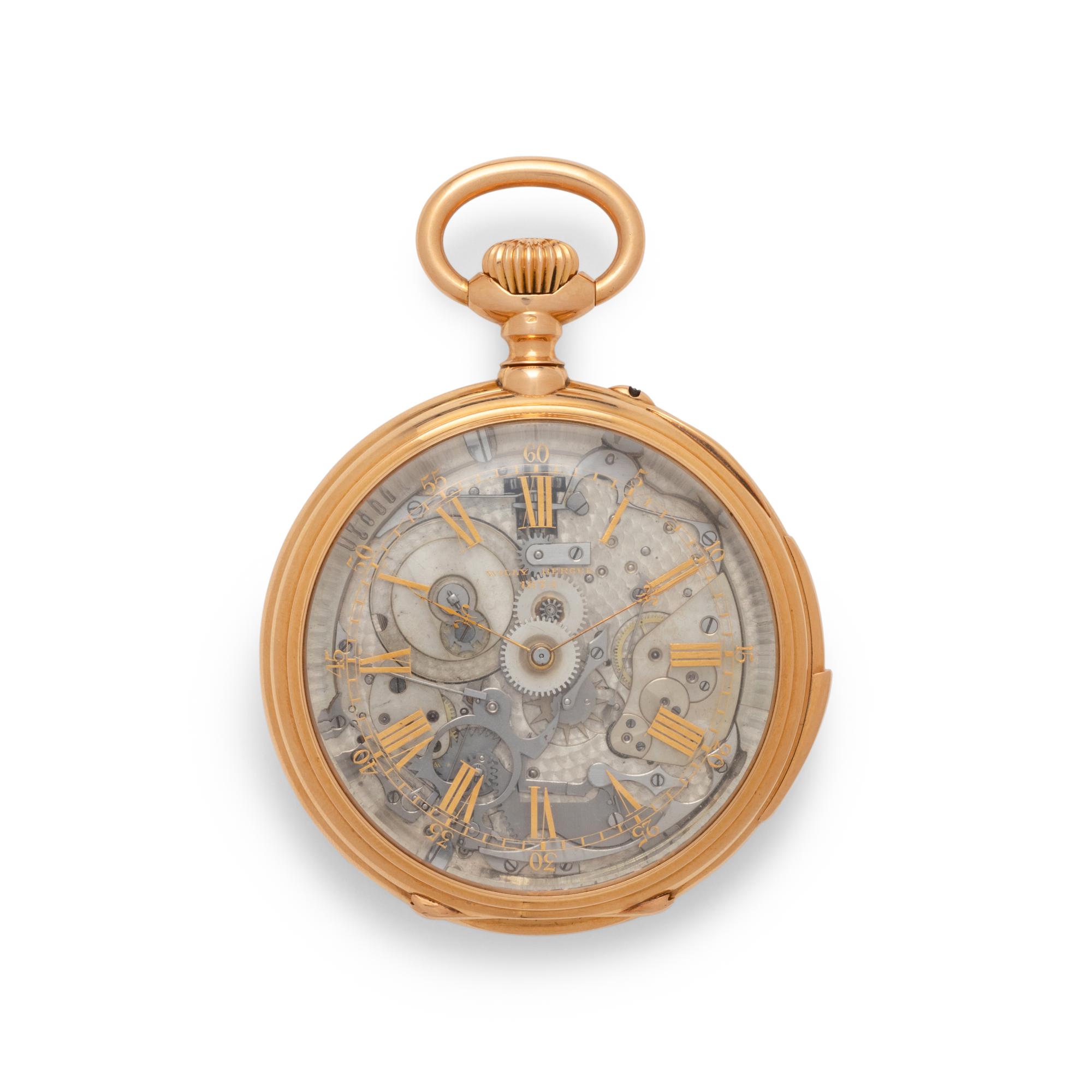 WILLY BERGER, 18K ROSE GOLD AND ENAMEL SKELETONIZED QUARTER REPEATING KEYLESS LEVER WITH APPLIED ARMS OF THE HOUSE OF HOHENZOLLERN AND BRANDENBURG POCKET WATCH