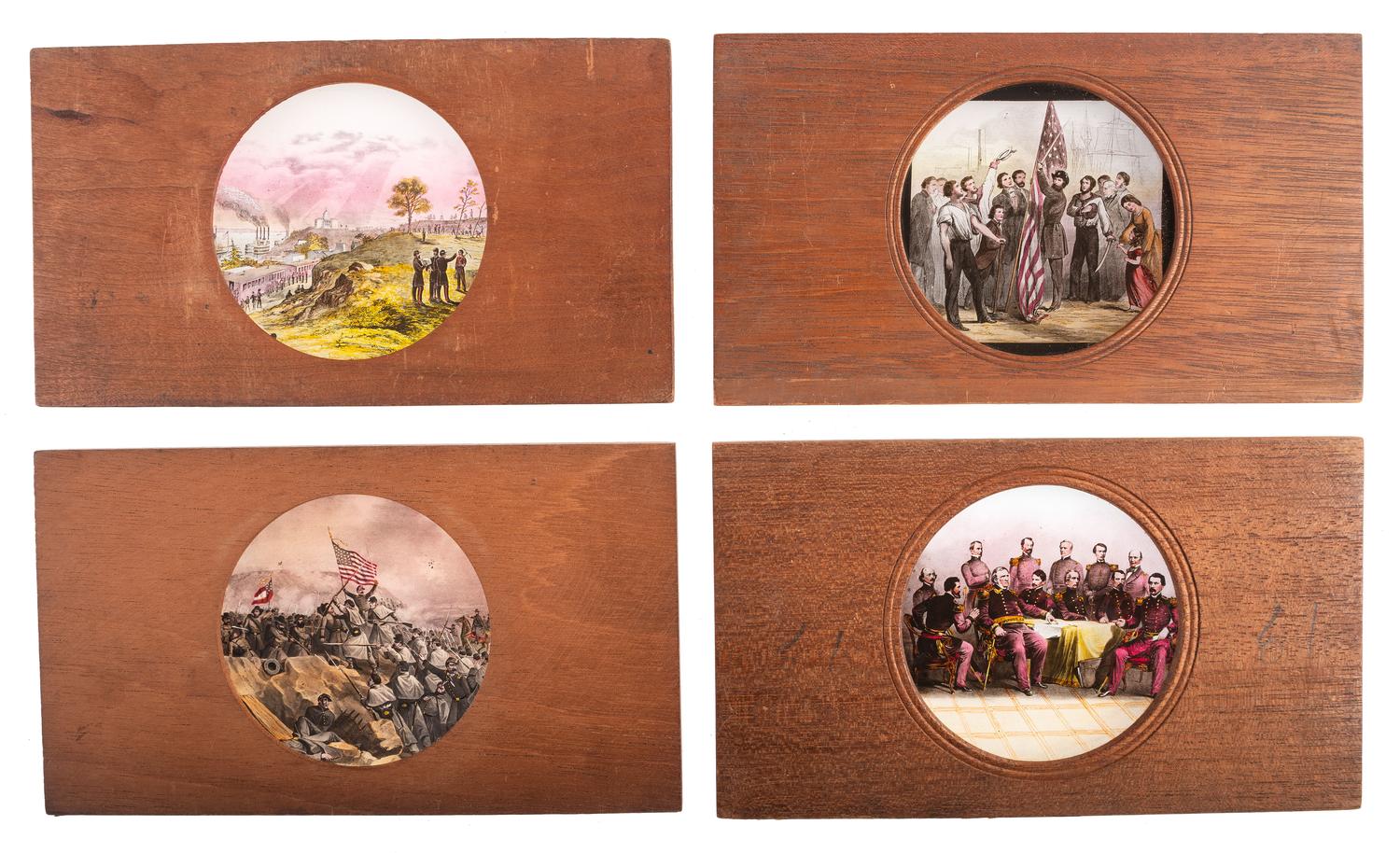 [CIVIL WAR - MAGIC LANTERN SLIDES]. A large collection of 200+ assorted glass slides featuring illustrated historical scenes and artistic images, including: